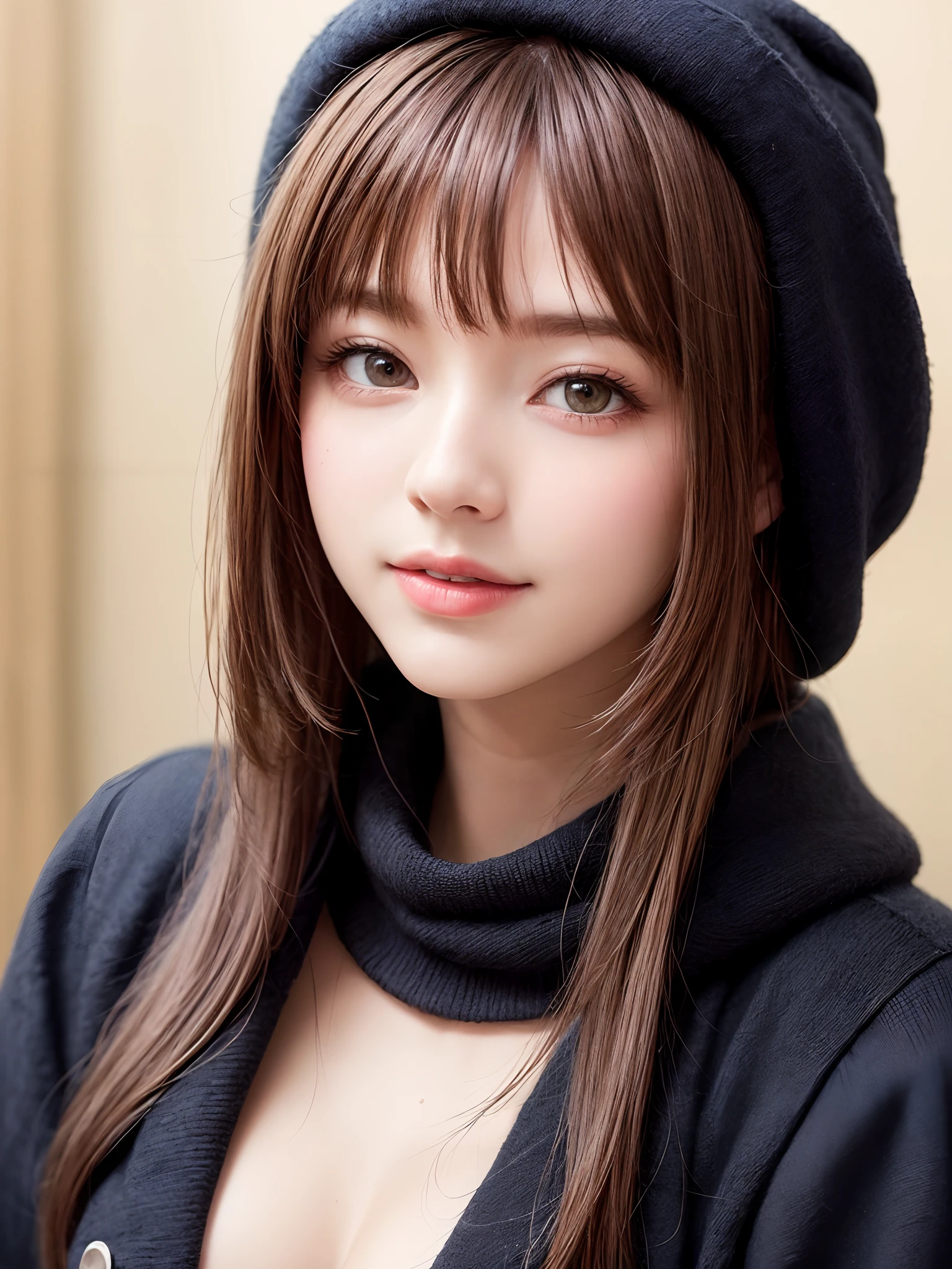 (masterpiece, top-quality、Very attractive adult beauty、Add intense highlights to the eyes、Look firmly at the camera),1girl in, 独奏, A dark-haired, scarf, Hats,, realisitic, looking at the viewers, black eyes of light color, shorth hair, coat, Winter clothes, White headscarf, s lips, lipgloss,bangss, The upper part of the body、big eye、Lashes)、((Road system in Italy))、((Shorthair with bangs、big eye、Put very strong highlights in your students、very Bigger breasts、gazing at viewer、Very beautiful beauty、Put your ears out、long neck、little smiling、Beautiful teeth、Open your mouth and smile))、28 year old、Very cute supermodel