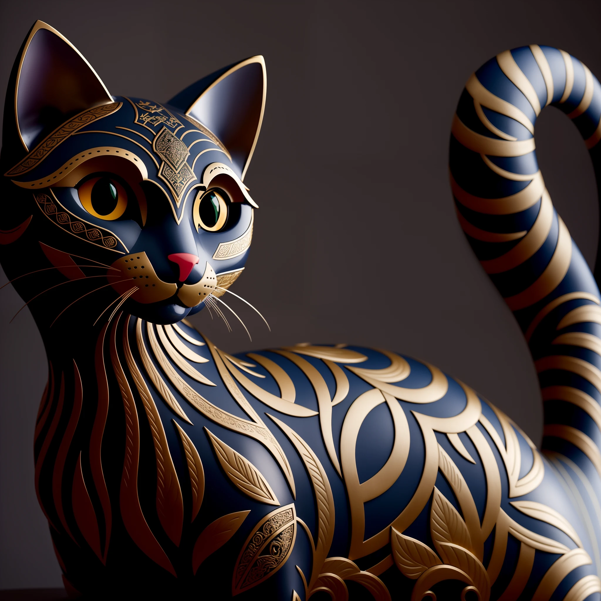 There's a cat statue that's sitting on a table, gato detalhado, fotorrealista e intrincado, Directed by: Sasha Putrya, Alex Gato Cinza, Directed by: Nikita Veprikov, Directed by: Sergei Sviatchenko, Maxim Sukharev, escultura em madeira profissional, Directed by: Maksimilijan Vanka, anthropomorphic cat, design do gato, com muitos detalhes