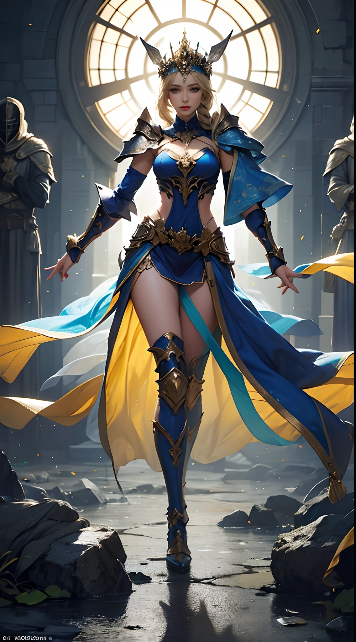 Blonde haired woman with braids, (Armadura nordica decotada dourada). Bright chrome gold armor with sharp reflections. Pedras preciosas. ombros nus. (tiara). Low muscle definition. Pernas lindas. Ombros nus visiveis. Detailed lighting. artistic work. Beleza extrema. Roupa com efeito de gradiente colorido intenso. Professional image with high saturation. Camera profissional. illustration. cores vibrantes. olhos amarelos vibrantes, magra, capa de pelo, olhos dourados brilhantes, simetria, olhar intenso, detalhes pretos nas roupas, aura dourada, Castle background, full body shot, dynamic pose, random angles
