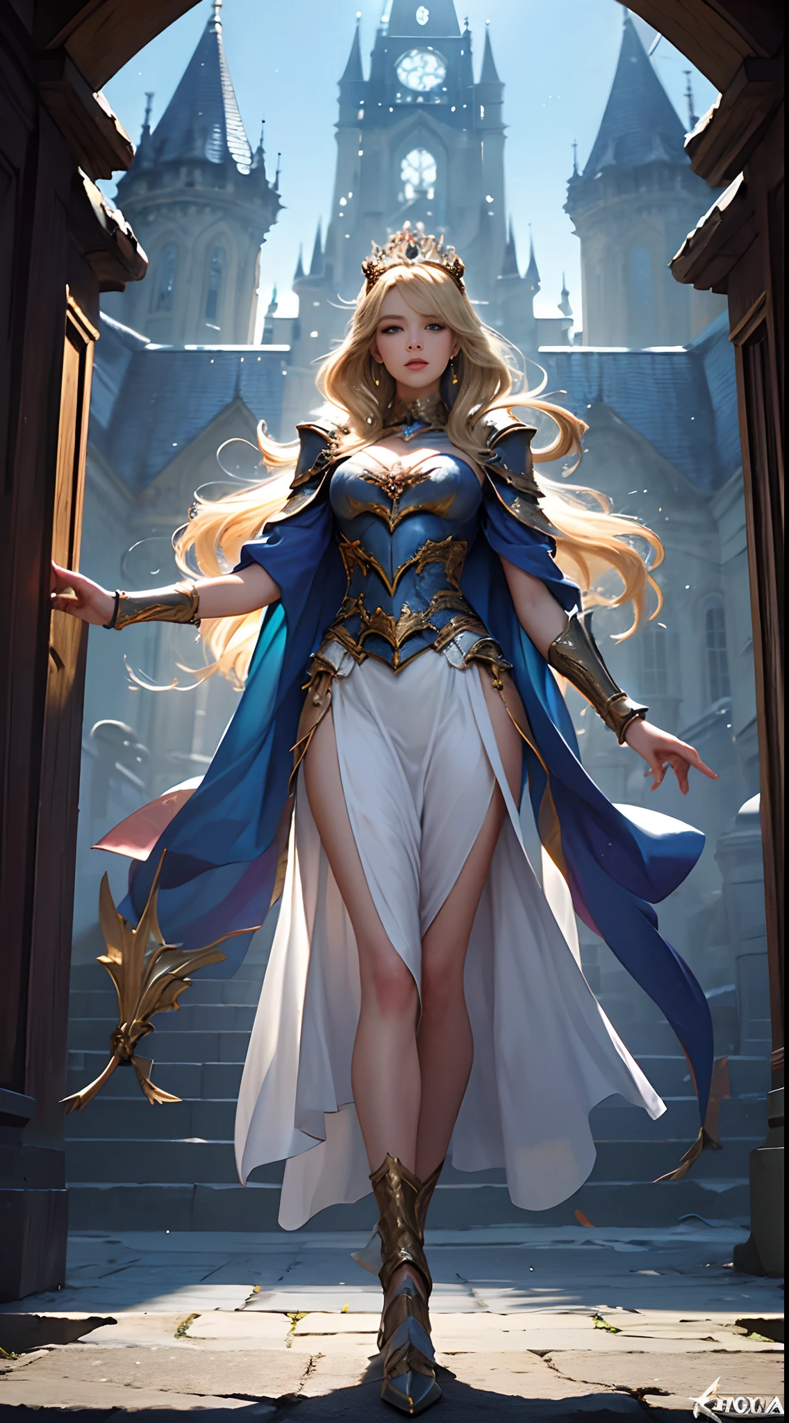 Blonde haired woman with braids, (Armadura nordica decotada dourada). Bright chrome gold armor with sharp reflections. Pedras preciosas. ombros nus. (tiara). Low muscle definition. Pernas lindas. Ombros nus visiveis. Detailed lighting. artistic work. Beleza extrema. Roupa com efeito de gradiente colorido intenso. Professional image with high saturation. Camera profissional. illustration. cores vibrantes. olhos amarelos vibrantes, magra, capa de pelo, olhos dourados brilhantes, simetria, olhar intenso, detalhes pretos nas roupas, aura dourada, Castle background, full body shot, dynamic pose, random angles