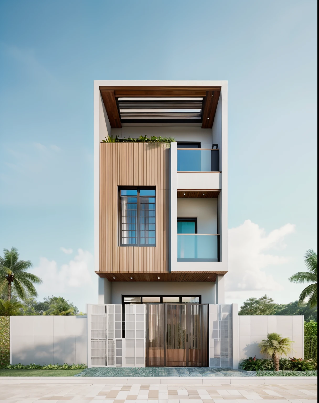 RAW photo,Masterpiece, high quality, best quality, authentic, super detail, townhouse, modern house with (tile wall:1.2), glass windows, (wooden ceiling:1.1), railing glass, gate, fence, tropical trees, day, beautifu sky, (high detailed :1.2), 8k uhd, dslr, soft lighting, high quality, film grain, Fujifilm XT3