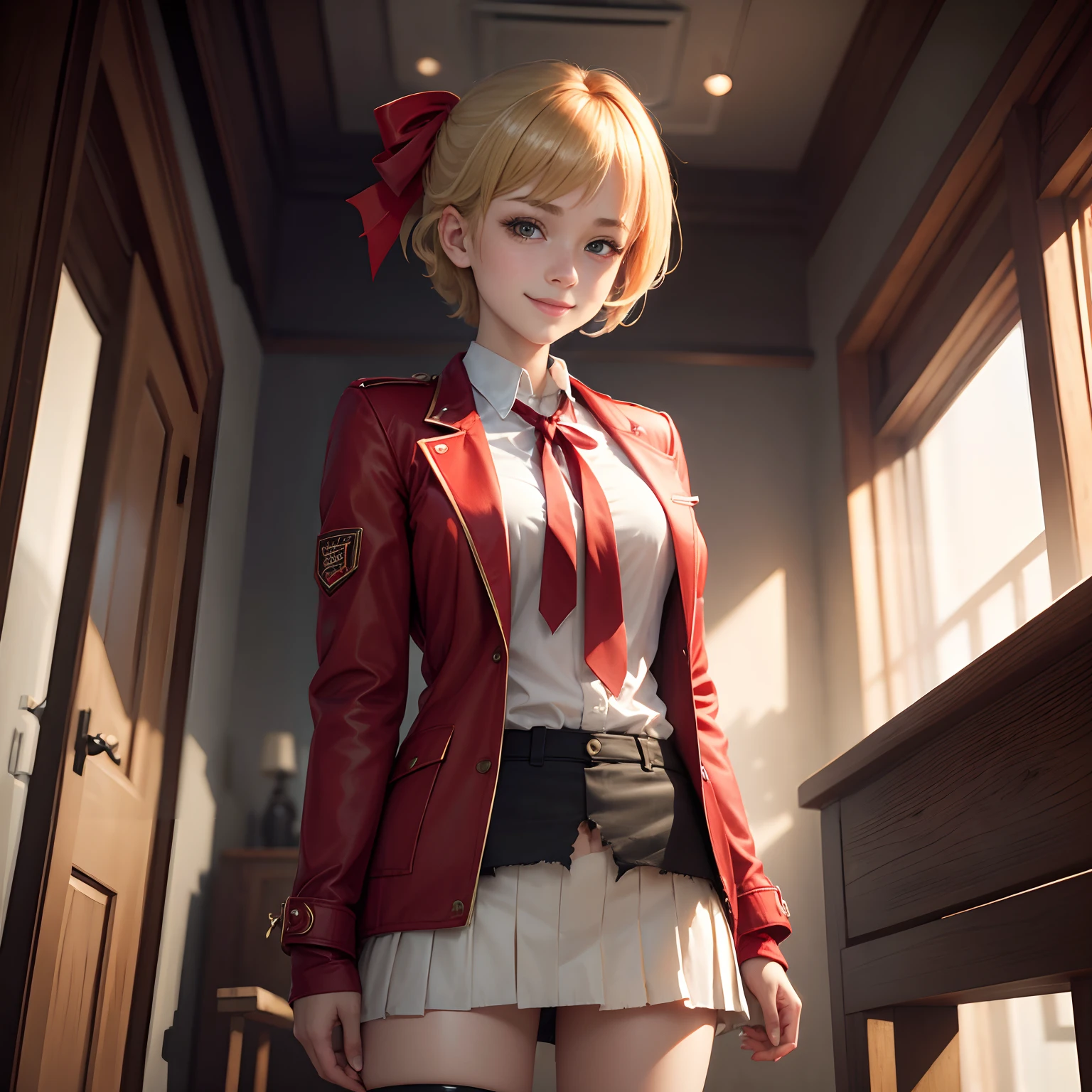 high quality, best quality, masterpiece, absurdres, red_jacket, ribbon, red_eyes, blond_hair, short_hair, hair_ribbon, smile, 1girl, torn clothes, cloth pieces, --auto
