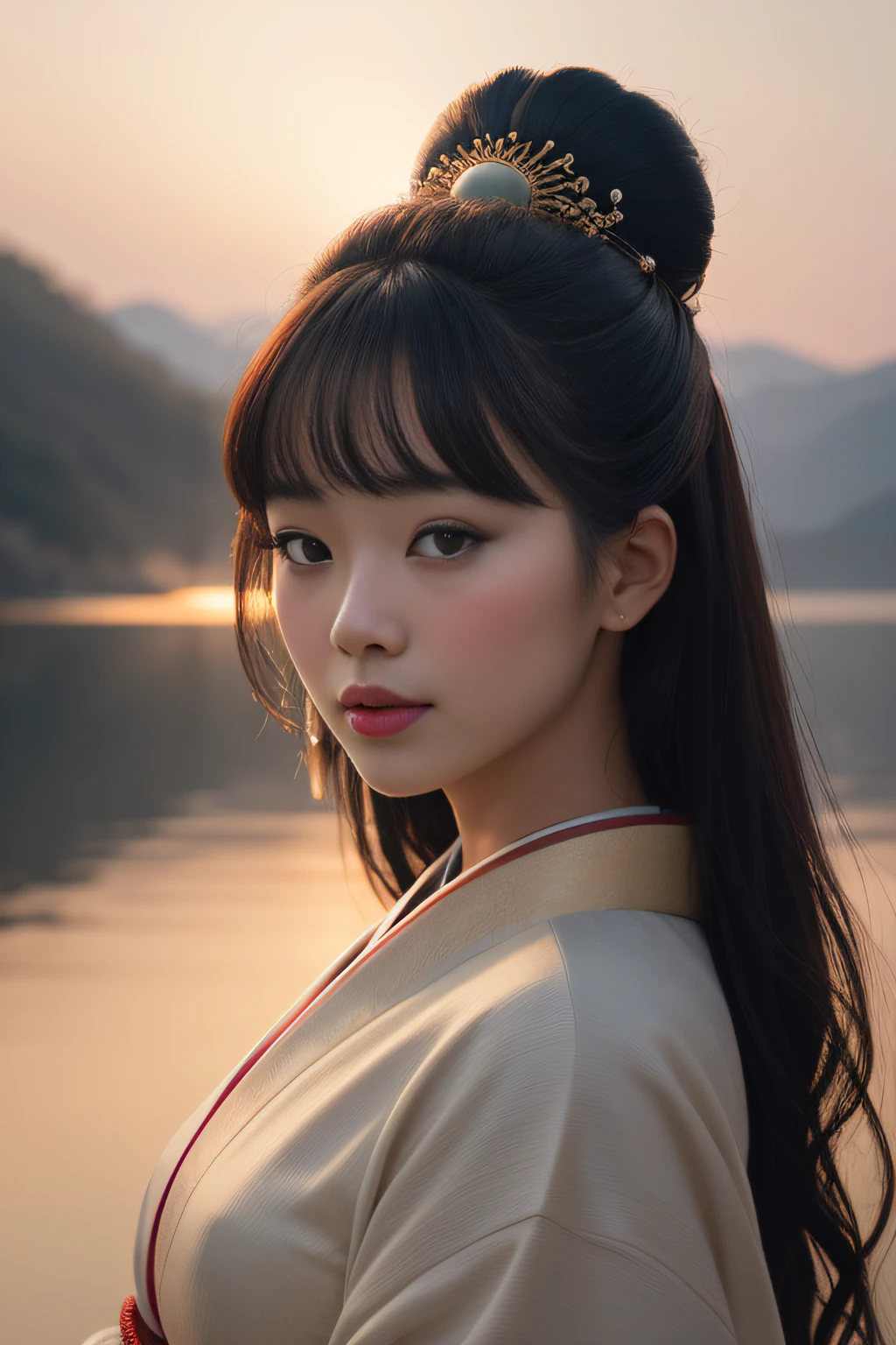 ((hyper-realistic, photorealistic, 8k, intricate details)) analog, Nikon Z 85mm, Award-winning Glamor Photography, ((best quality)), ((master piece)), ((realistic)) ((full body)) A beautiful young geisha with flowing hair, silky skin, big breasts, thick thighs, full lips, wearing a very beautiful kimono, is standing in black by a lake posing and smiling, very high resolution, detailed facial features, very high details, sharp focus, smooth, aesthetic, extremely detailed, photography_\(Ultra\), photorealistic, realistic, Post-processing, Maximum detail, roughness, real life, ultra realistic, photorealism, photography, 8k UHD, photography, SEMI-SILHOUETTE Light (warm tone, warm tone): 1.2), Close-up, cinematic light, soft side lighting, ultra-high resolution, better shadow, ..RAW.