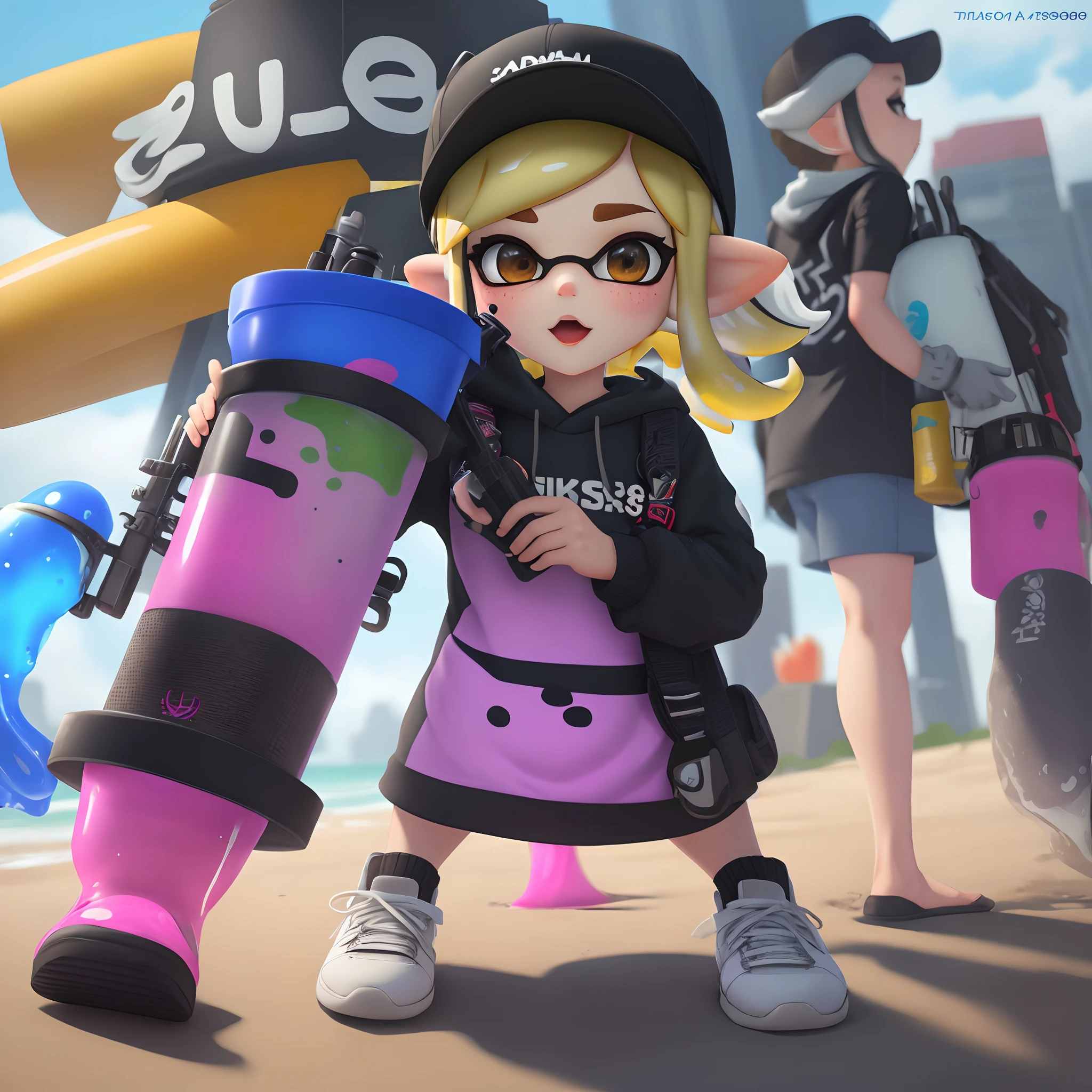 Cartoon of a woman with a skateboard and a microphone, with splatoon style, Chibi, badass pose, maple story gun girl, holding a pudica pose, sharp assassin, game art!!, nffsw, [ Digital Art ]!!, furraffinity!!!!, unknown artstyle, Splatoon 3, Advanced Digital Chibi Art, She has a sword