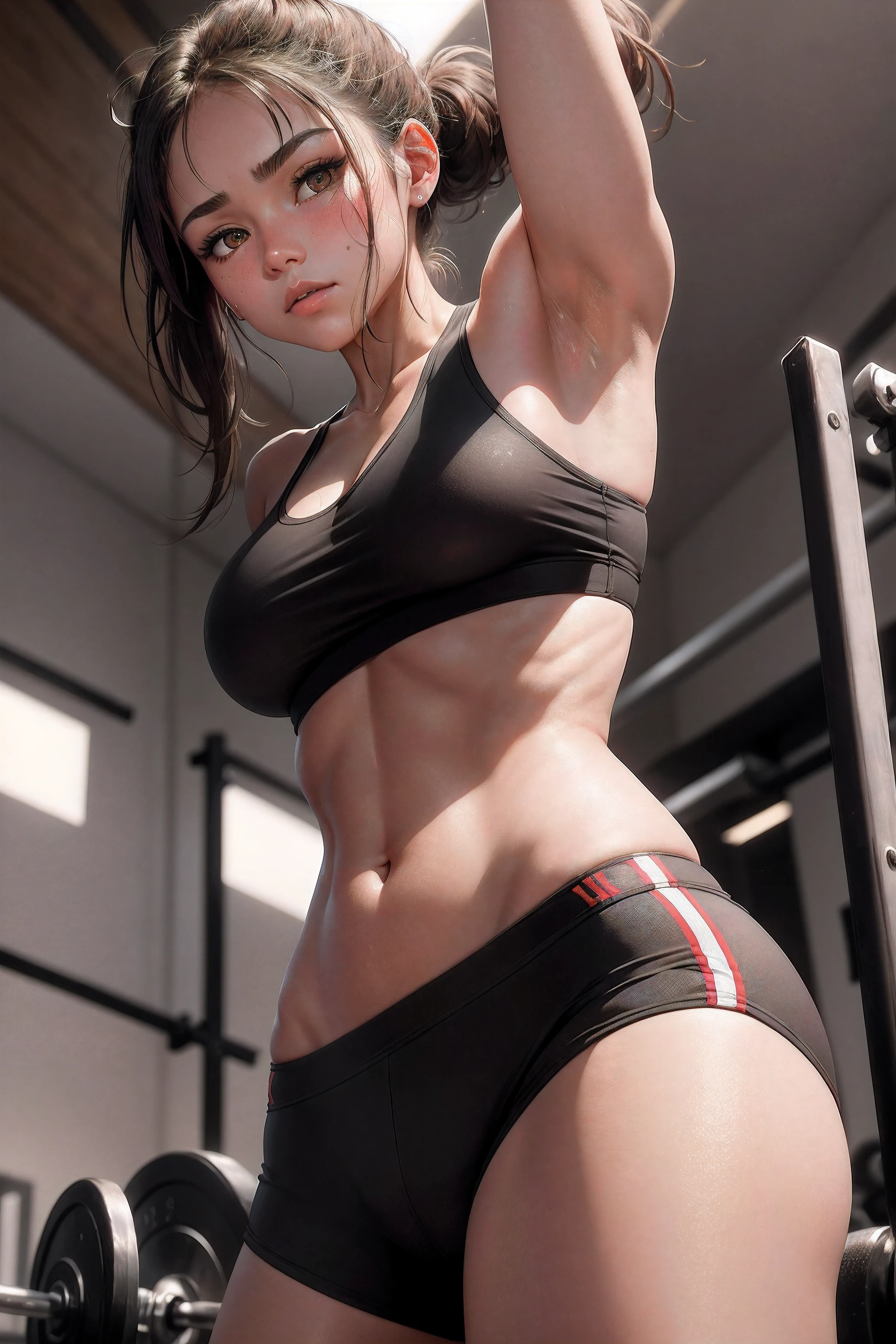 1 Girl, Tall strong build Body, Big Black Eyes, Short Light Brown hairs tied into a ponytail Fringes of hair over forehead with smaller Strands framing her cheeks, Red Sports Bra and Yoga pants, In Gym Lifting weights, Sweating, Gym , Looking at Viewer, masterpiece