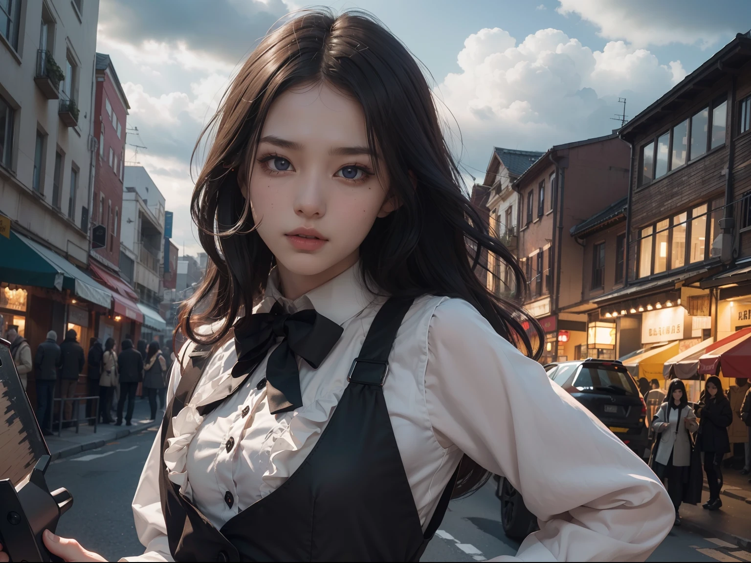 (Hyper-realistic), (Illustration), (High resolution), (8K), (Extremely detailed), (Best Illustration), Yol ( chain saw man ), (Beautiful detailed eyes), (Best Quality), (Ultra-detailed), (masutepiece), (Wallpaper), (Detailed face), Solo, Upper body, Focus on Face, 1 girl, Long Black Hair, Korean, Thin eyeshadow, A detailed eye, Brown eyes, Small moles under the eyes, Long sleeve shirt, Neckbow, Small breasts, pinafore dress, Dynamic Pose, low illuminance, Night, Dark, Clouds, a dark night