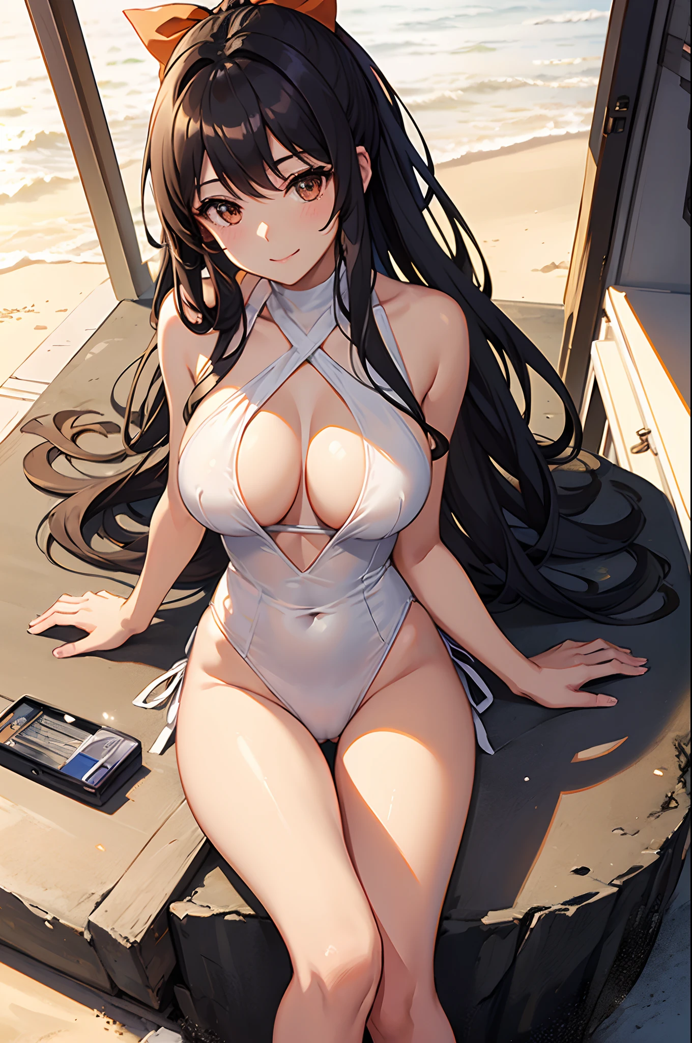 masterpiece, (bestquality), highlydetailed, ultra-detailed, light, golden hour lighting, in the beach, on a hill, in a cyberpunk city, intense shadows, black hair, brown eyes, blush, smile, orange eyes,sitting, looking at viewer, bare shoulders, collarbone, cleavage, long hair, very long hair, ponytail, casual one-piece swimsuit, white swimsuit, criss-cross halter, side-tie panties, closed mouth, hair bow, bow, large breasts, clothing cutout, condom, condom wrapper