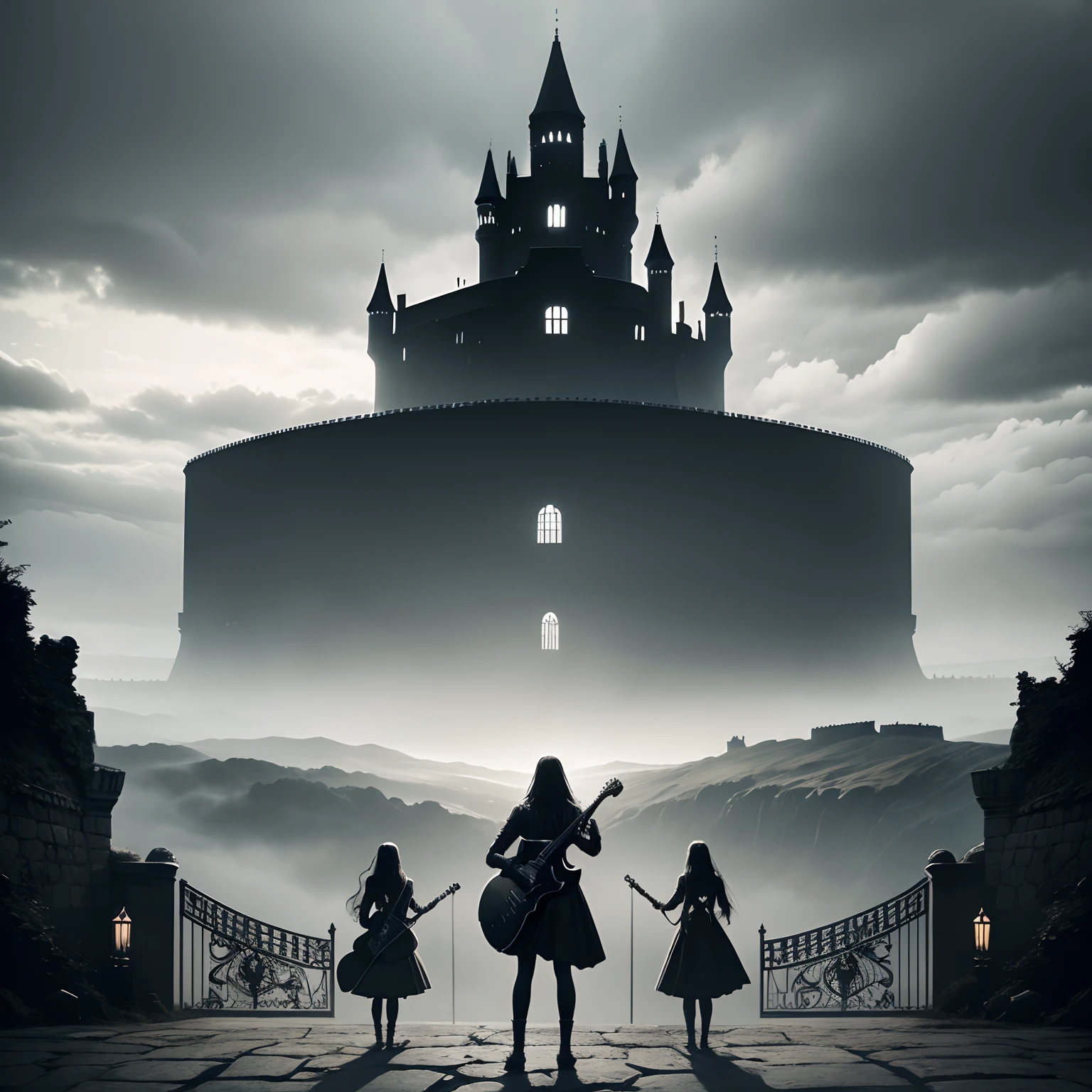 Four metal band members holding their instruments in silhouette at the gates to an epic castle in the clouds. Surrealism. Black and grey color. Themes of darkness, horror, metal music.  The text "vicarious dreams" should appear in the mist in front of the castle.