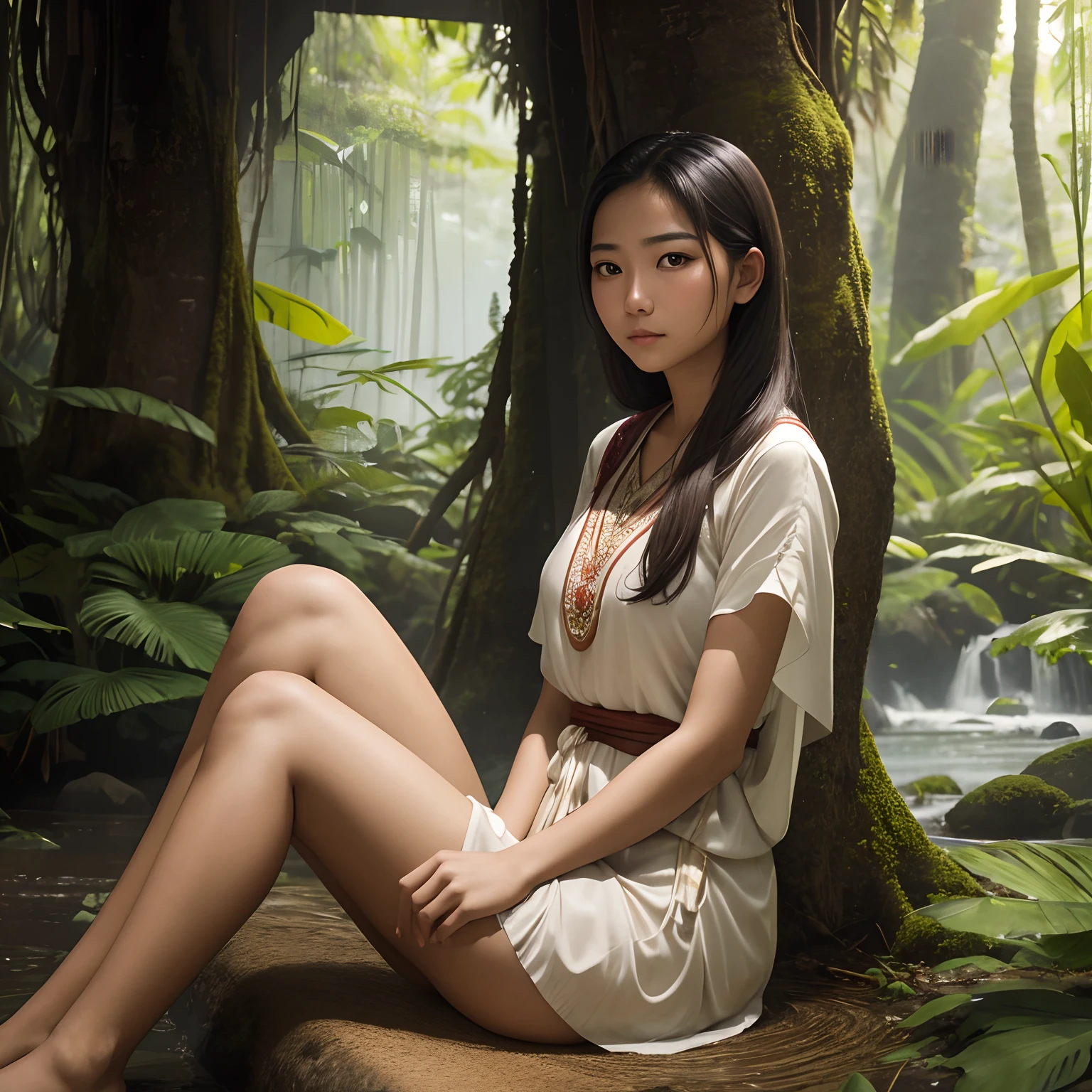 “Develop a portrait of a young woman in her early 20s, donning traditional Southeast Asian attire, set in a tranquil natural landscape. Her calm and serene expression suggests a deep connection with nature, contrasting with the complexity of her clothing.”