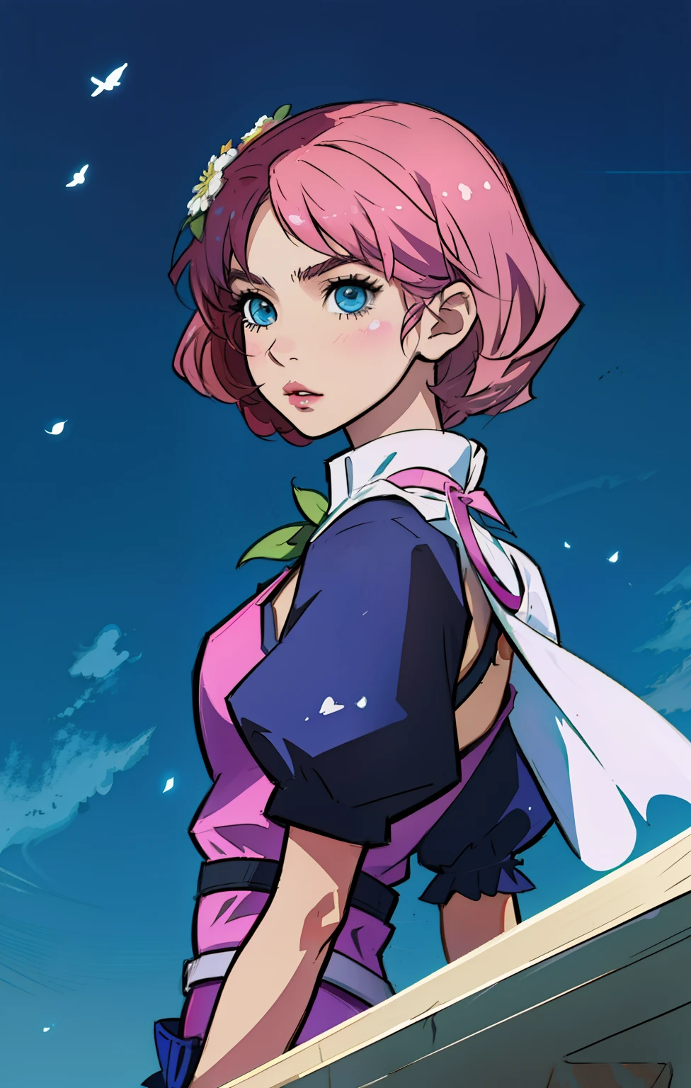 (master part, melhor qualidade) Alisa Rosto bonito, Olhos verdes detalhados , roupas elegantes e detalhadas , puffy lips ,Short Pink Hair Flower Accessories, (melhores detalhes) ( melhor qualidade) espetacular, dramatic scenery, Tekken , Digital anime illustration, estilo anime 4K, por Yang J, arte de anime digital detalhada, arte digital estilo anime, a beautiful artwork illustration, Digital anime illustration, arte de anime digital