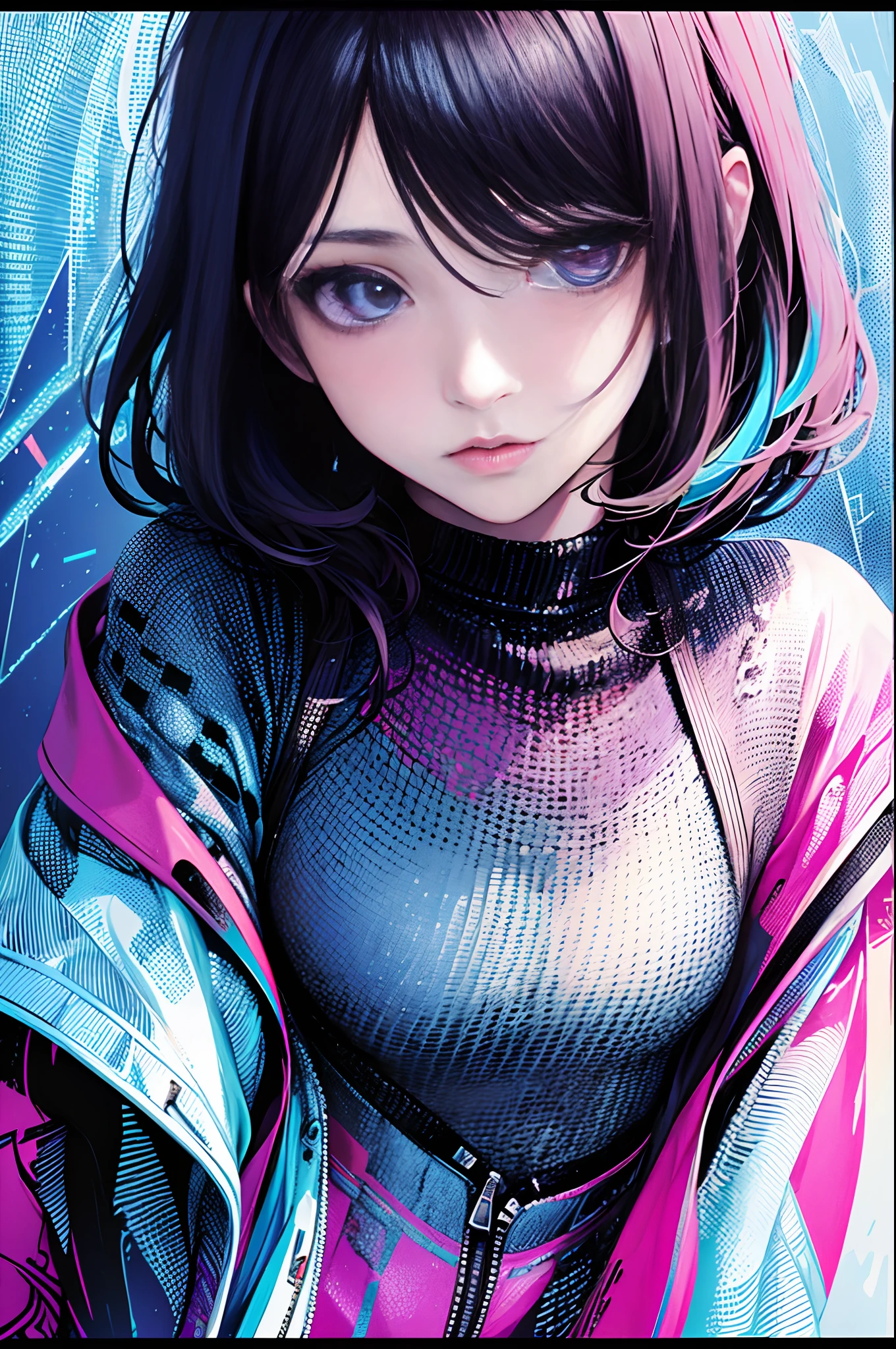 (masterpiece, top quality, best quality, official art, beautiful and aesthetic:1.2), 1girl, glitch art, (digital distortion), pixelated fragments, data corruption,colorful noise, visual chaos,contemporary aesthetics