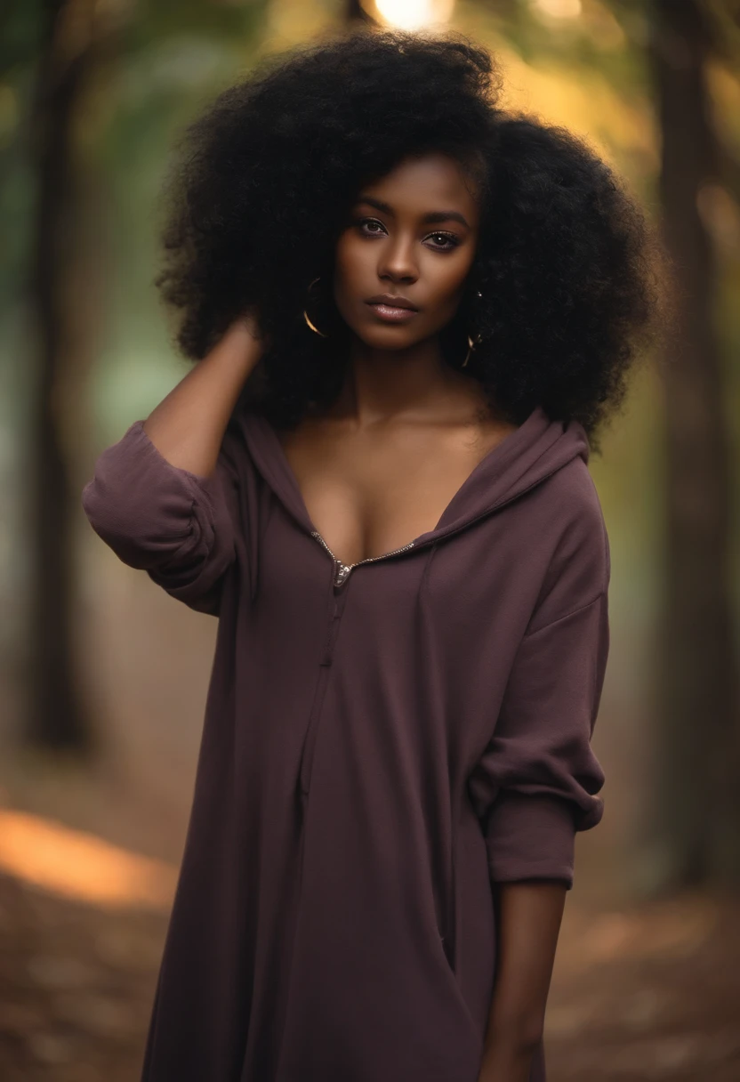Girl with shy dresses with dark skin, Short frail afro curly hair, amber eyes, hoodie