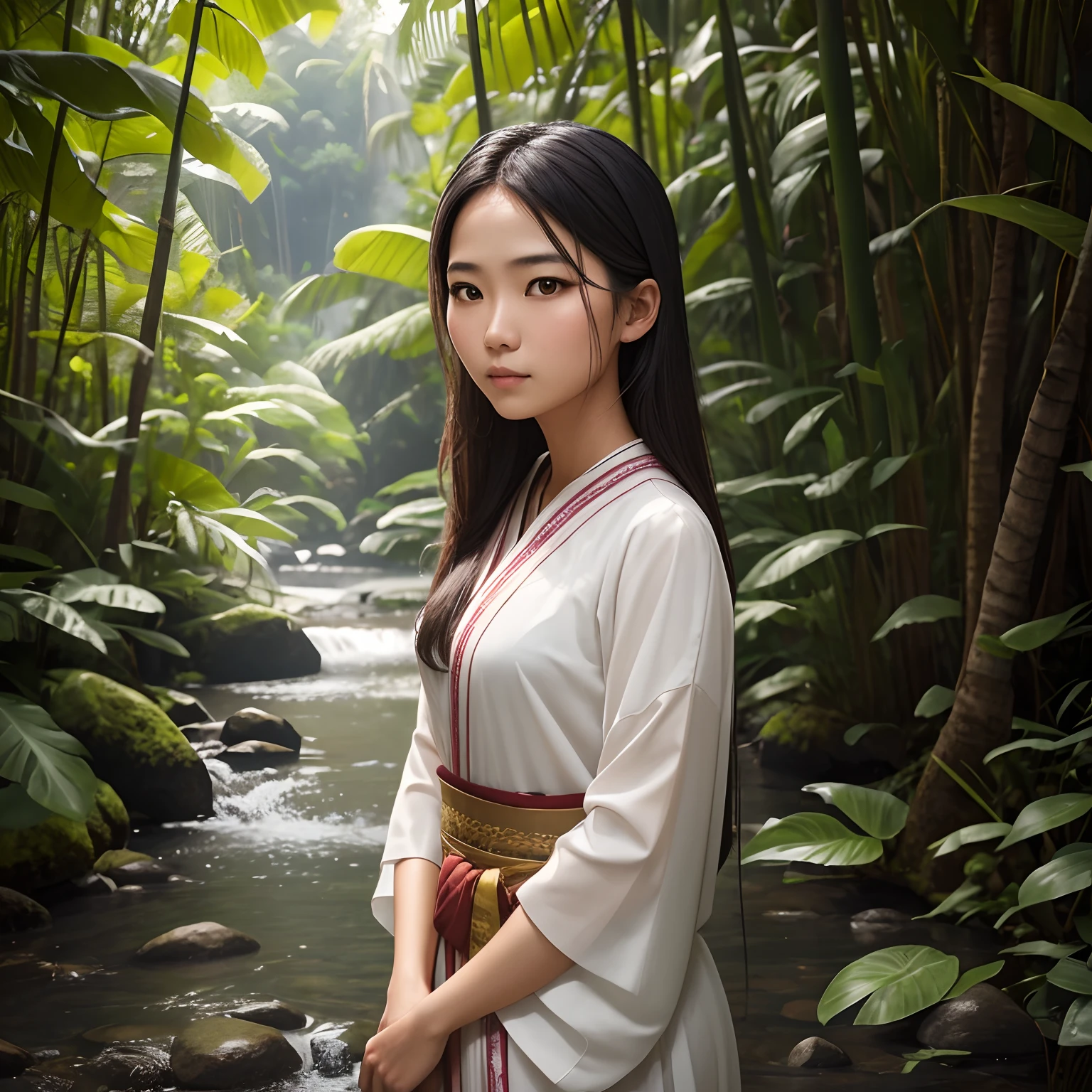 “Develop a portrait of a young woman in her early 20s, donning traditional Southeast Asian attire, set in a tranquil natural landscape. Her calm and serene expression suggests a deep connection with nature, contrasting with the complexity of her clothing.”