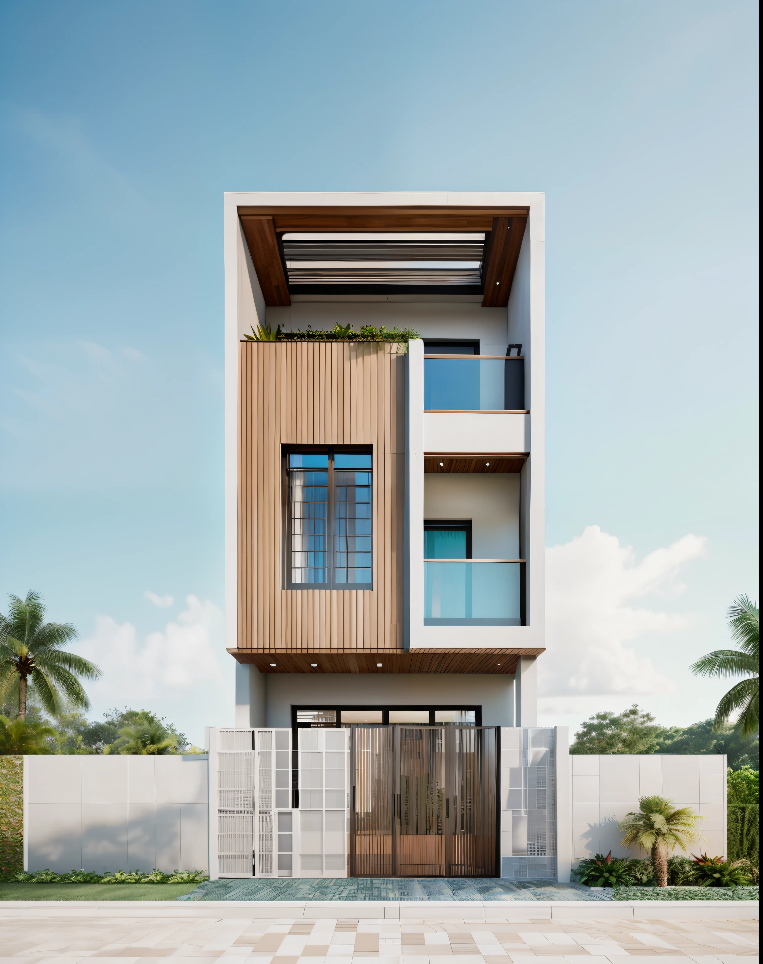 RAW photo,Masterpiece, high quality, best quality, authentic, super detail, townhouse, modern house with (tile wall:1.2), glass windows, (wooden ceiling:1.1), railing glass, gate, fence, tropical trees, day, beautifu sky, (high detailed :1.2), 8k uhd, dslr, soft lighting, high quality, film grain, Fujifilm XT3