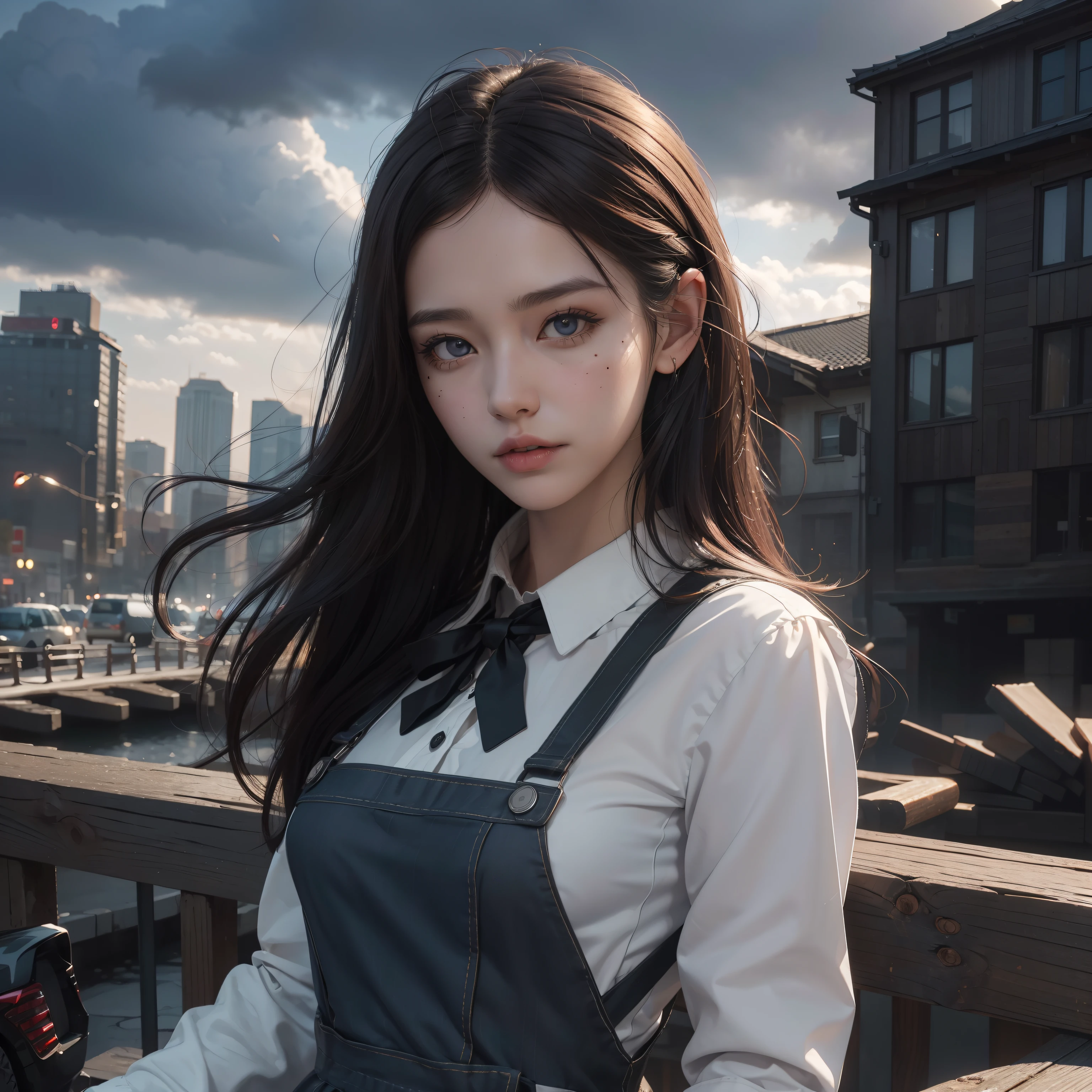 (Hyper-realistic), (Illustration), (High resolution), (8K), (Extremely detailed), (Best Illustration), Yol ( chain saw man ), (Beautiful detailed eyes), (Best Quality), (Ultra-detailed), (masutepiece), (Wallpaper), (Detailed face), Solo, Upper body, Focus on Face, 1 girl, Long Black Hair, Korean, Thin eyeshadow, A detailed eye, Brown eyes, Small moles under the eyes, Long sleeve shirt, Neckbow, Small breasts, pinafore dress, Dynamic Pose, low illuminance, Night, Dark, Clouds, a dark night
