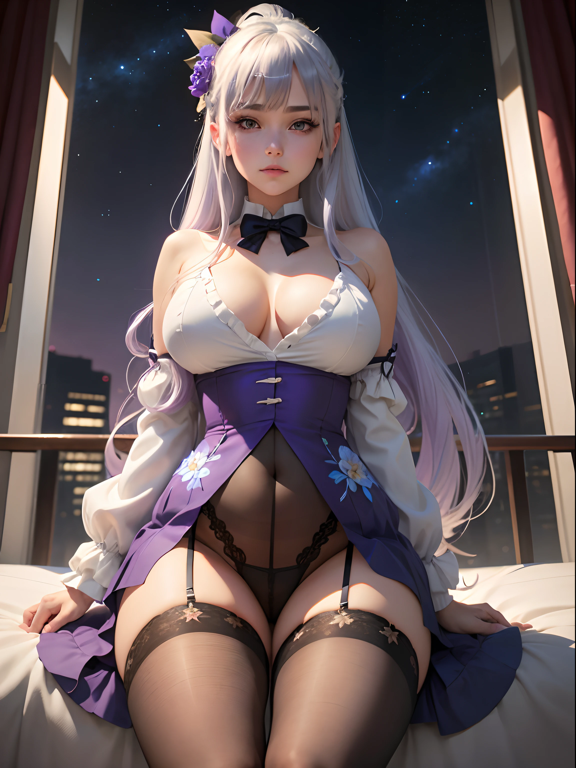 Best Quality, masutepiece,, Illustration, Wallpaper,1girl in, Solo, White shirt, Bright purple-silver hair, Semi-long hair, Beautiful detailed girl, extremely detailed eye and face, Beautiful detailed eyes, Shy, natural_Lighting, Glow,NSFW, Clean sky, Looking at Viewer, Outdoors, nigh sky, Star (skyporn), lowfers, Black pantyhose, blue bowtie, Straight hair, Purple petals, Purple and blue flowers, Red pupil, Ponytail, Blue Ribbon,White hair, Thick_thighs thighs thighs thighs, Large breasts,knee sox,Open your crotch,White panty,in bed room,