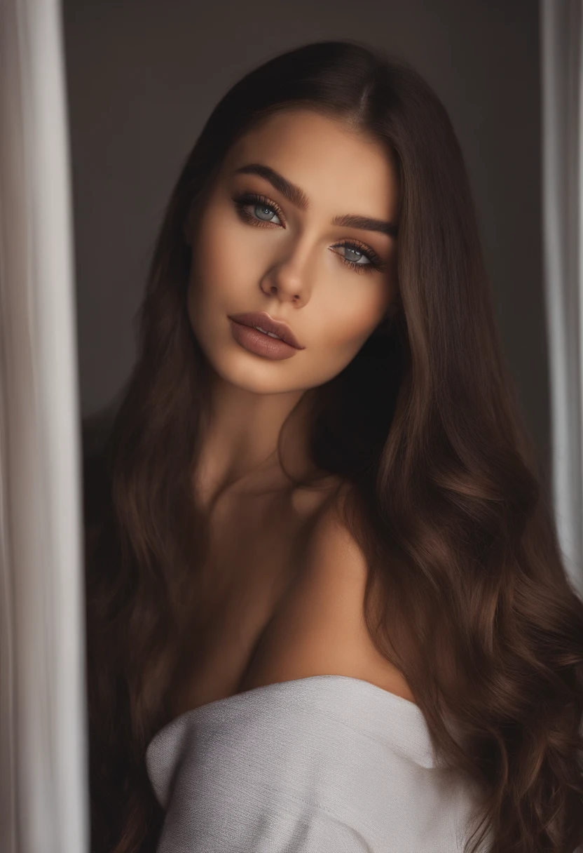 Arafed woman with black clothes, fille sexy aux yeux bruns, Portrait Sophie Mudd, cheveux bruns et grands yeux, selfie of a young woman, Yeux de chambre, Violet Myers, sans maquillage, maquillage naturel, looking straight at camera, Visage avec Artgram, Maquillage subtil, Superbe photo du corps entier, dans la chambre, clivage