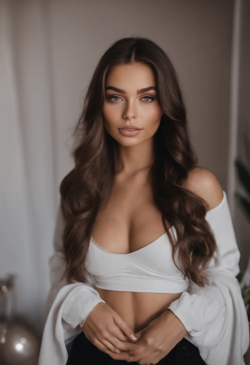 Arafed woman with black clothes, fille sexy aux yeux bruns, Portrait Sophie Mudd, cheveux bruns et grands yeux, selfie of a young woman, Yeux de chambre, Violet Myers, sans maquillage, maquillage naturel, looking straight at camera, Visage avec Artgram, Maquillage subtil, Superbe photo du corps entier, dans la chambre, clivage