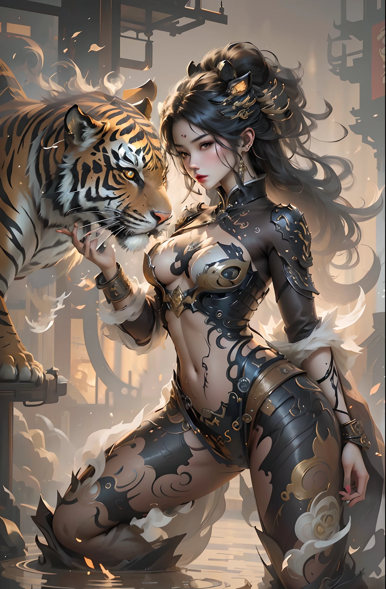 Chinese ink style，Steampunk world，Topless, Tiger-shaped steampunk warframe girl，Jet steam is suspended in the city air，Ink animation art，Ink comic art，water ink，ink，Smudge，8K，Delicately portrayed，Works of masters