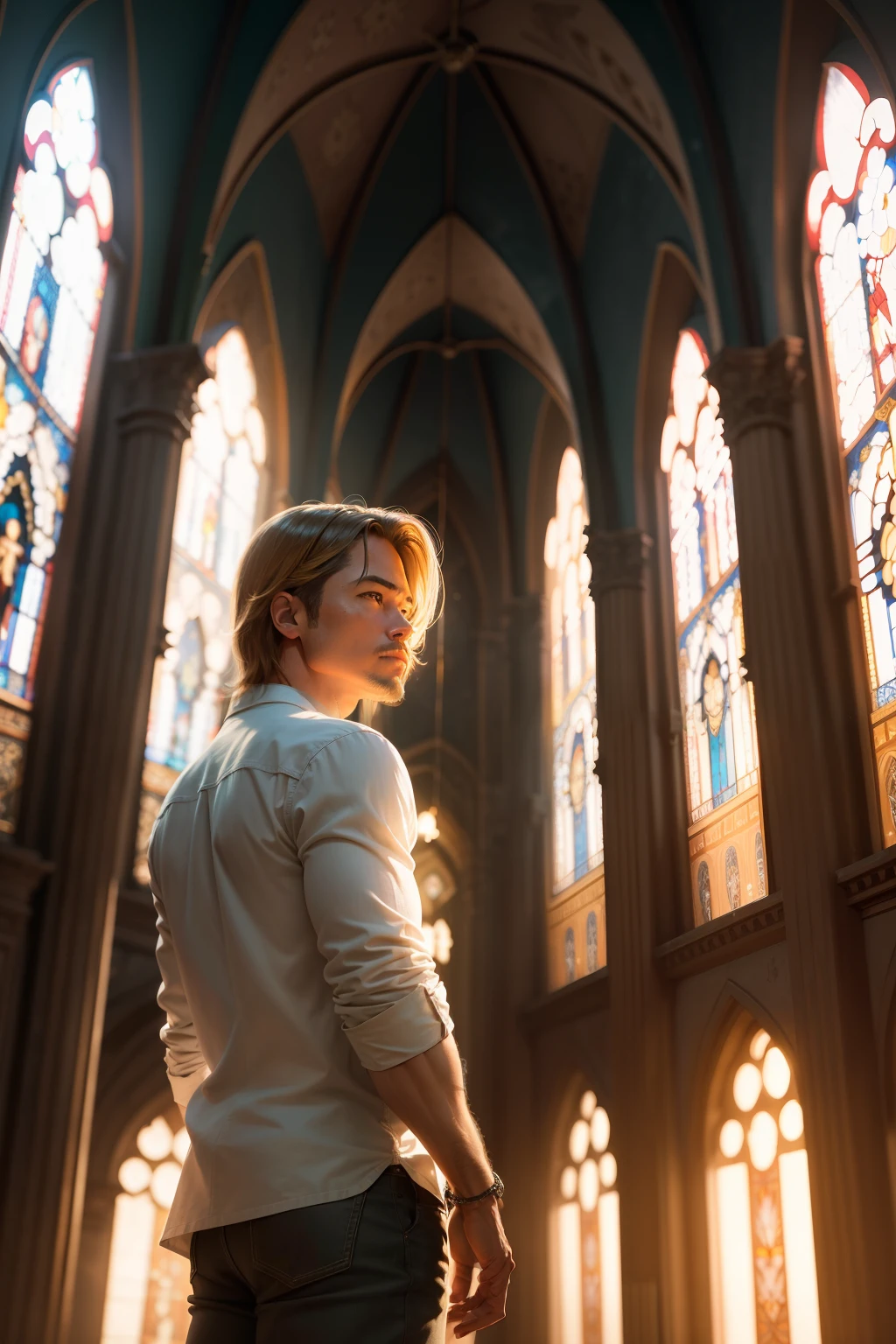 Standing quiapo church, Brad Pitt explores its architecture, mesmerized by its grandeur. Sunlight streams through stained glass windows, casting a vibrant radiance. The atmosphere is tranquil, a blend of reverence and curiosity. Brad's casual attire contrasts with the sacred ambiance, creating an intriguing juxtaposition. This prompt captures the moment, inviting viewers to appreciate the beauty with a curious perspective. (best quality, detailed, realistic, warm tones, soft lighting)