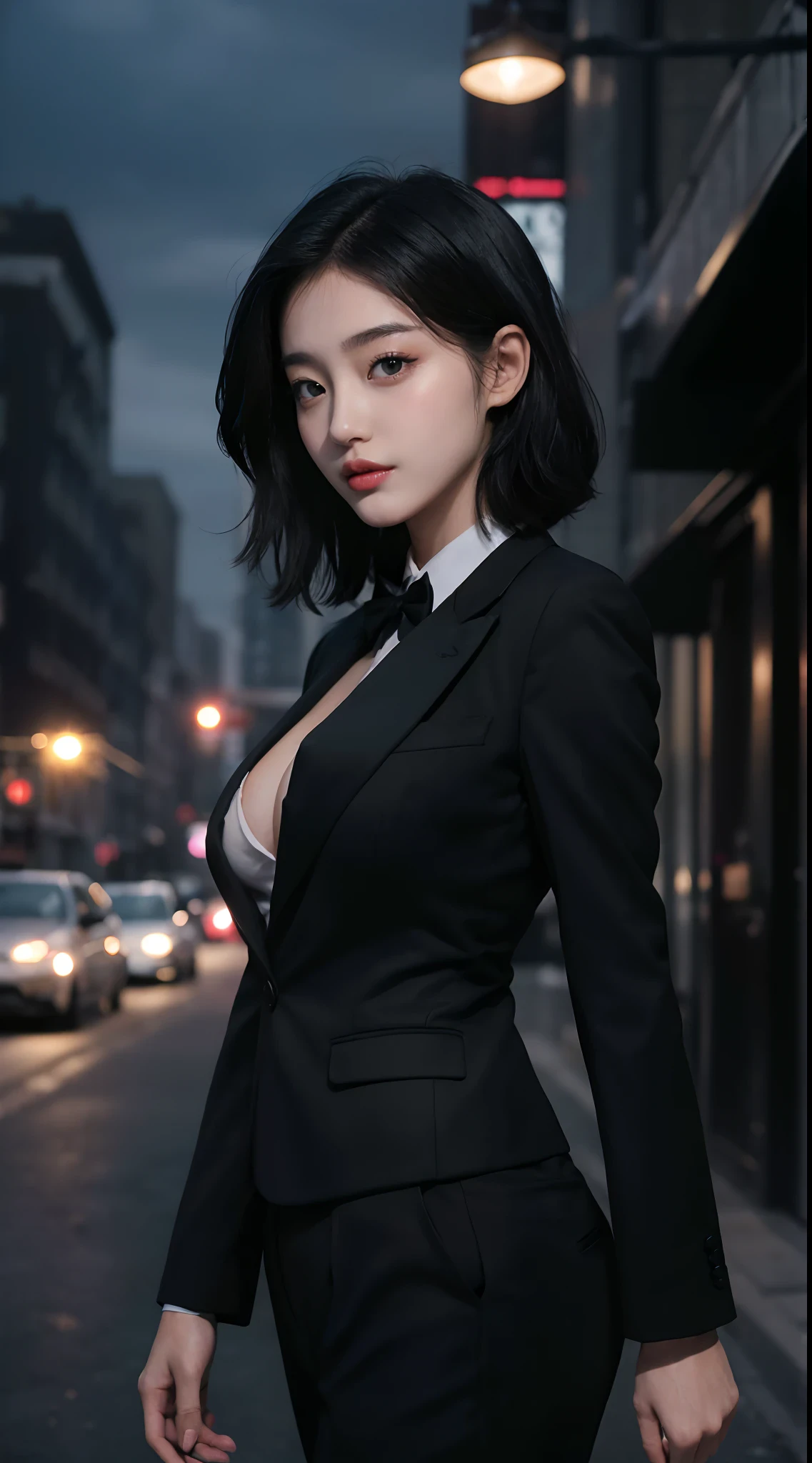 ((((masterpiece, best quality, high resolution)))), Extremely detailed 8K, Beautiful girl with slender body, (Ultra HD, Ultra-detailed, Highly detailed, Highly realistic, Ultra-realistic, photograph realistic), (1girl:1.5), (Realistic dark hair), short wavy hair, bob cut, (dynamic poses), facing at camera, light smile, (beautiful detailed face, beautiful detailed eyes), wide hips, (large breasts: 1.2), (huge breasts: 1.2), earrings, hands in pockets, lady office suit, cleavage, black pants, choker, cityscape scenery, street, night light, night time,