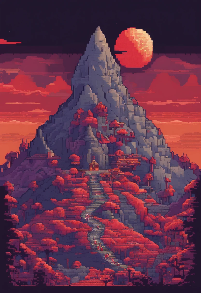 A mountain filled with dead monsters,blood moon,very detailed pixel art,futuristic,