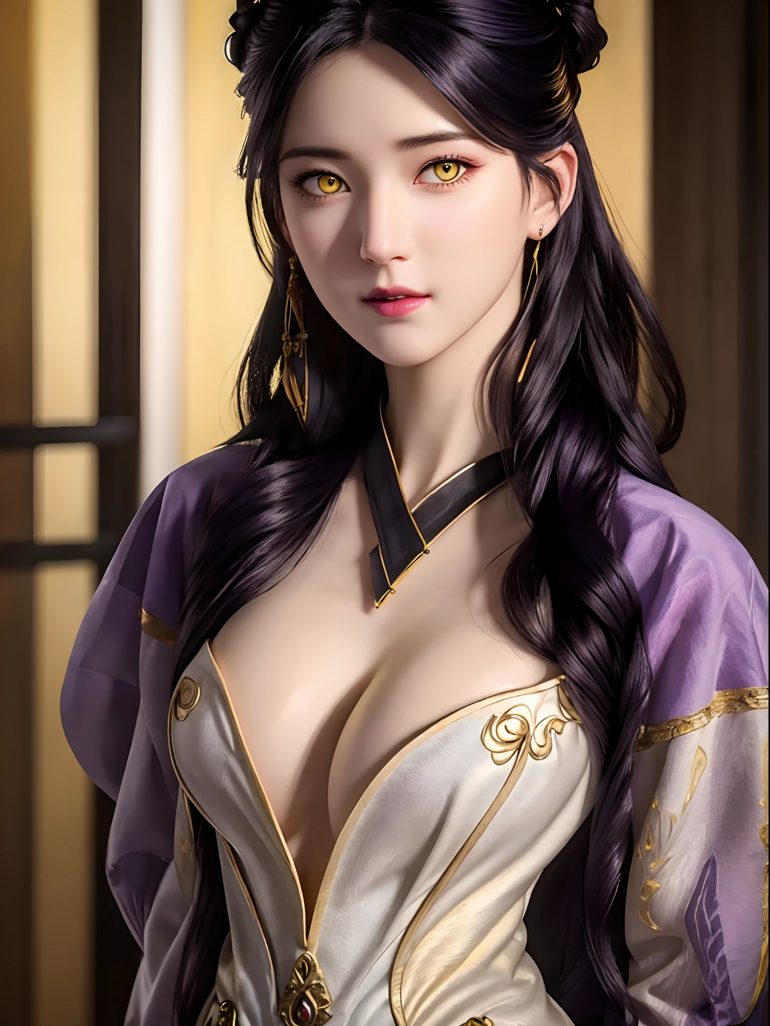 (hyperrealistic), (illustration), (high resolution), (8K), (extremely detailed), (best illustration), (beautiful detailed eyes), (best quality), (ultra-detailed), (masterpiece), (wallpaper), (photorealistic), (natural light), (rim lighting), (detailed face), (high detailed realistic skin texture), (anatomically correct), (solo), (1 girl), (high detailed realistic hair), (purple black hair:1.35), (heterochromic eyes), (detailed eyes), (yellow eyes:1.37), (sparkling eyes), (realistic big breasts:1.5), (nude:1.35), (long legs), (slender abs), (dynamic pose), (closed tiny mouth:1.3), nsfw, concentrated expression,