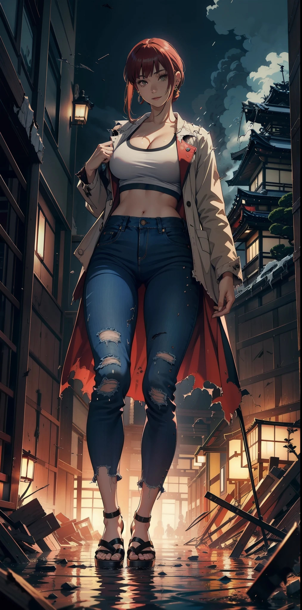 Dynamic poses,(Earring:1.5), masterpiece,(japan:1.5), raw color, 8k, illustrator, masterpiece, high quality, 8k, high resolution, high detailed, midriff, high quality, （very detailed cg unity 8k wallpaper），best qualtiy，cinematic lighting, ultra - detailed，masterpiece，）, (smile:1), (damage jean:1.5), (big breast), depth of field,detail face, (night), (full body shot), looking at viewer, (croptop:1.1), (cleavage), navel,(jacket)