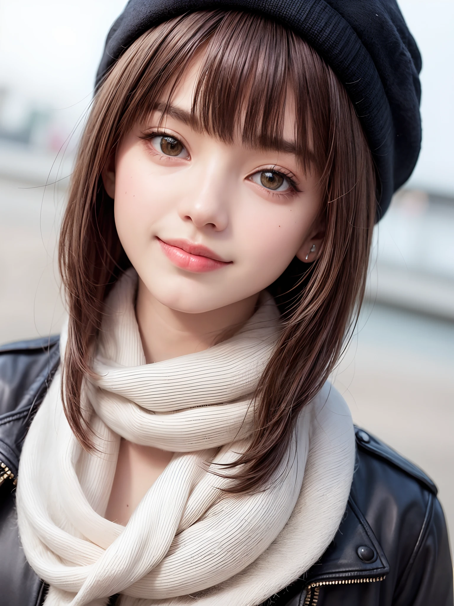 (​masterpiece, top-quality),1girl in, 独奏, A dark-haired, scarf, Hats,, realisitic, looking at the viewers, black eyes of light color, shorth hair, coat, Winter clothes, White headscarf, s lips, lipgloss，bangss,, a closed mouth, The upper part of the body、big eye、Lashes、((Street))、((Shorthair with bangs、big eye、large full breasts、gazing at viewer、Very beautiful beauty、Put your ears out、long neck、little smiling、Close your mouth and smile)))、
