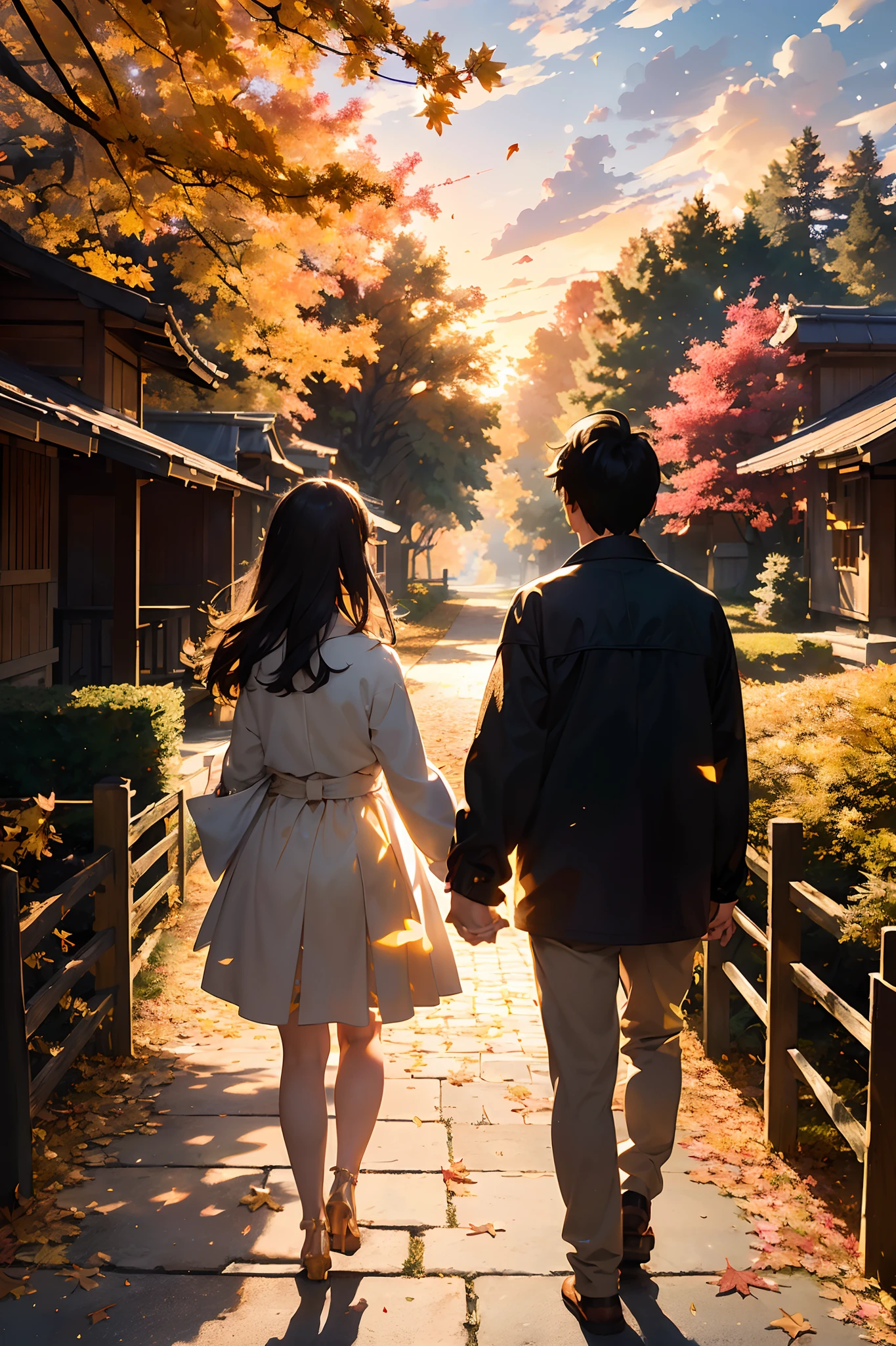 masterpiece, best quality, ultra-detailed, beautiful illustration, the back of a couple holding hands, sunset, glow, diffused light, fluttering autumn leaves, maple tree and ginkgo, residential area, after rain, (twinkle effect),(((character is far away:1.5)))