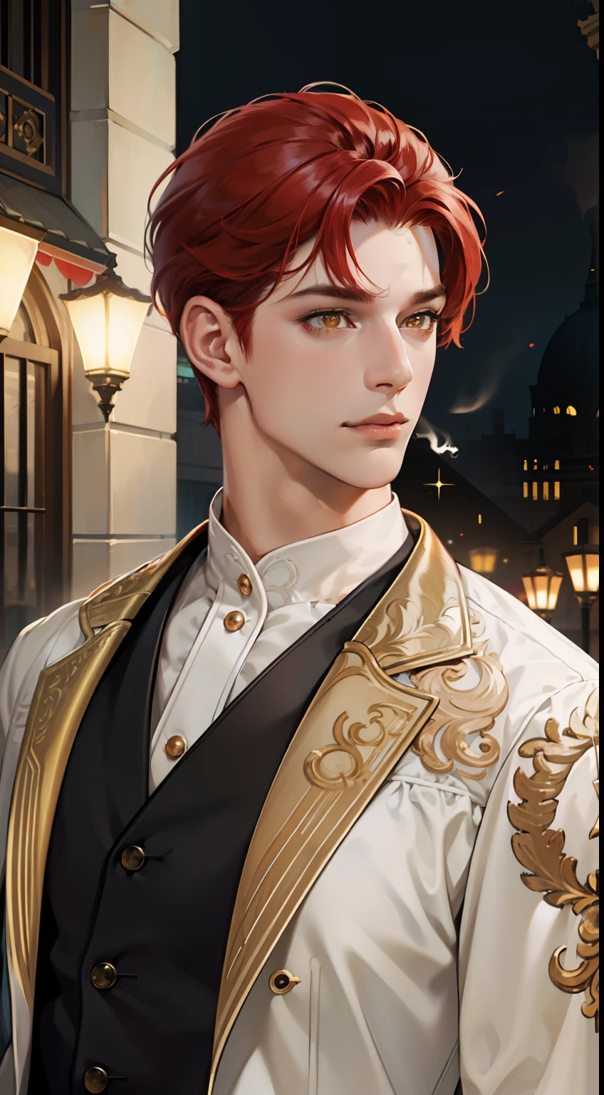 undercucho Close Portrait of Elegant Person [undercucho] in bespoke MAN suit: tall muscular man, classic style, intricate detial baroque, elegant, bright lights, highly detailed, digital painting, artstation, concept art, soft and sharp focus, portrait , illustration, art by wlop, mars ravelo and greg rutkowski (High detail skin: 1.2), 8k uhd, DSLR, soft lighting, high quality, film grain, Fujifilm XT3 mix4, male model, (((1 MAN))) suit, seductive, Florence, Italy background, (((/LOOKING AT THE VIEWER/))) ((((SHORT RED HAIR))) (((LONG BANGS))) (((YELLOW EYES))) (((DELIGHTED LOOK))), SMILE, MYSTERIOUS AURA, night, bokeh, depth of field, (upper body: 1.0), best quality, intricate details, detailed eyes, masterpiece, film grain, 1900s, kodakchrome, flashlight, strange smoke around him, MASTERPIECE