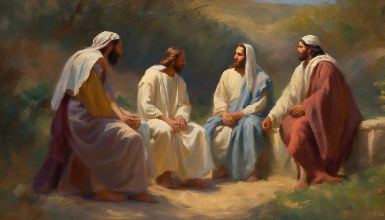 Scene of Jesus Christ and the apostles talking,Biblical related, High quality shadows, High quality of light, High quality clothing, Masterpiece picture quality, max detail, Masterpiece quality.