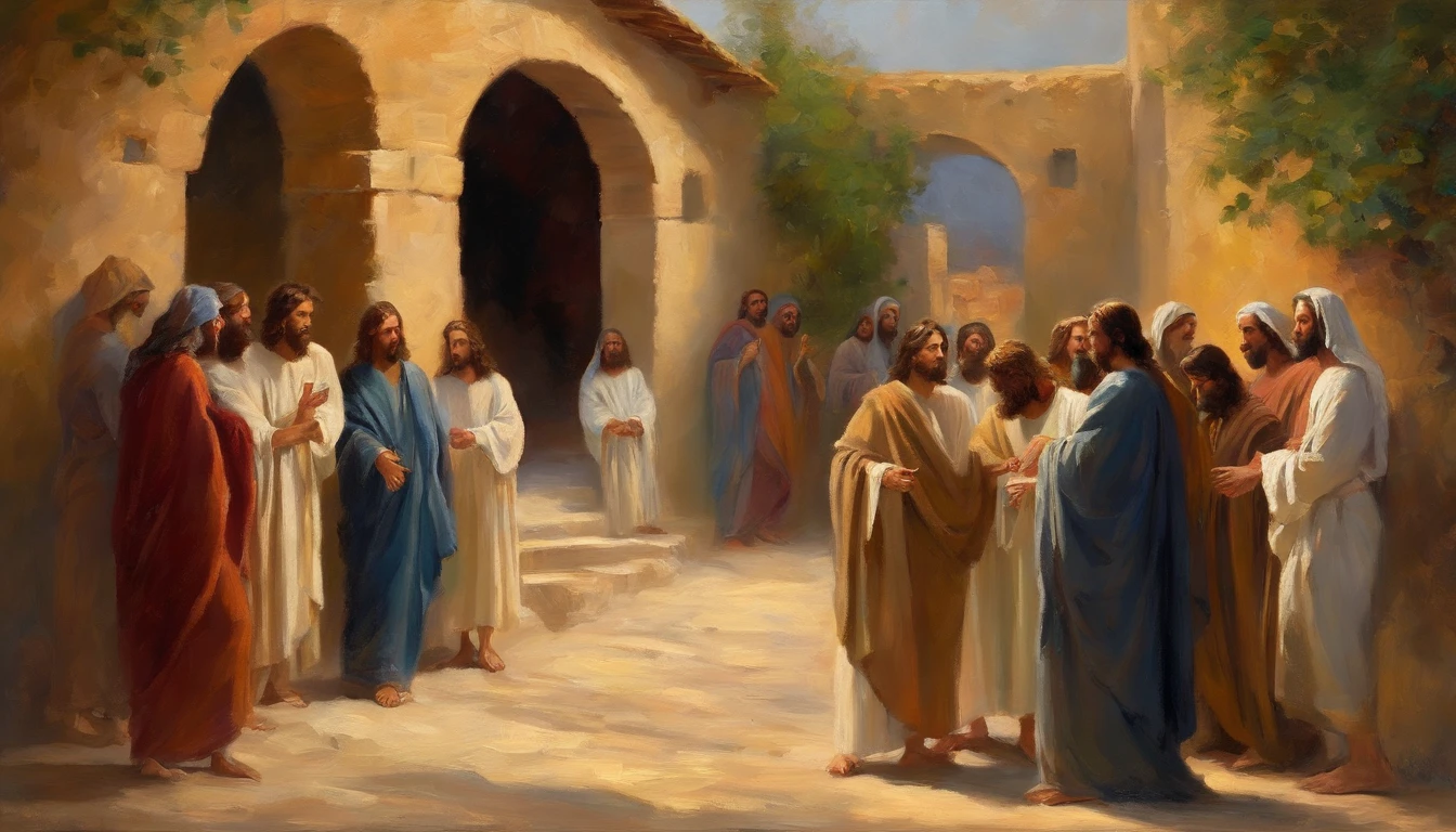 Scene of Jesus Christ and the apostles talking,Biblical related, High quality shadows, High quality of light, High quality clothing, Masterpiece picture quality, max detail, Masterpiece quality.