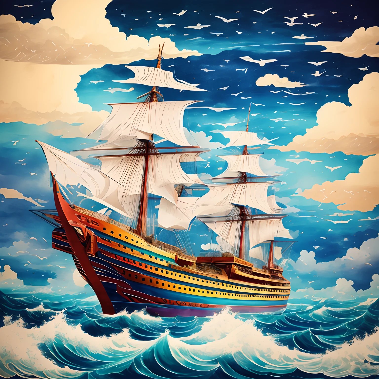 finest image, large ship made of colorful origami paper, Noah's Ark, rough sea, cloudy sky, Japanese painting, detailed and delicate depiction