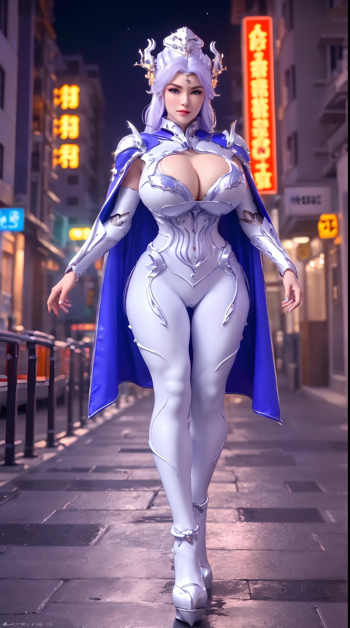 1GIRL, SOLO, (ssmile, makeup, beautifull eyes, red libs, white ponytail hair, gold ornament hair), (GIGANTIC FAKE BOOBS:1.3), (GUARD ARM, Black Glove), (white, purple, blue, FUTURISTIC DRAGON MECHA ARMOR SUIT, ROYAL CAPE, CLEAVAGE, SKINTIGHT YOGA PANTS, HIGH HEELS:1.5), (MUSCULAR BODY, SEXY LONG LEGS, FULL BODY:1.3), (LOOKING AT VIEWER:1), (WALKING DOWN ON STREET NIGHT CITY:1.3), PHYSICALLY-BASED RENDERING, ULTRA HIGHT DEFINITION, 8K, 1080P.