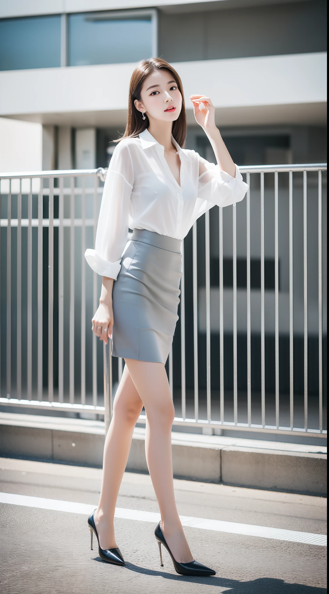 Ultra-clear resolution,top Quority,Wonderful young girl,ear studs,Clear eyes,plain face,Gloss on lips,s the perfect face,White skin,Perfect chest,Slender legs,Gray office miniskirt,black heels,street