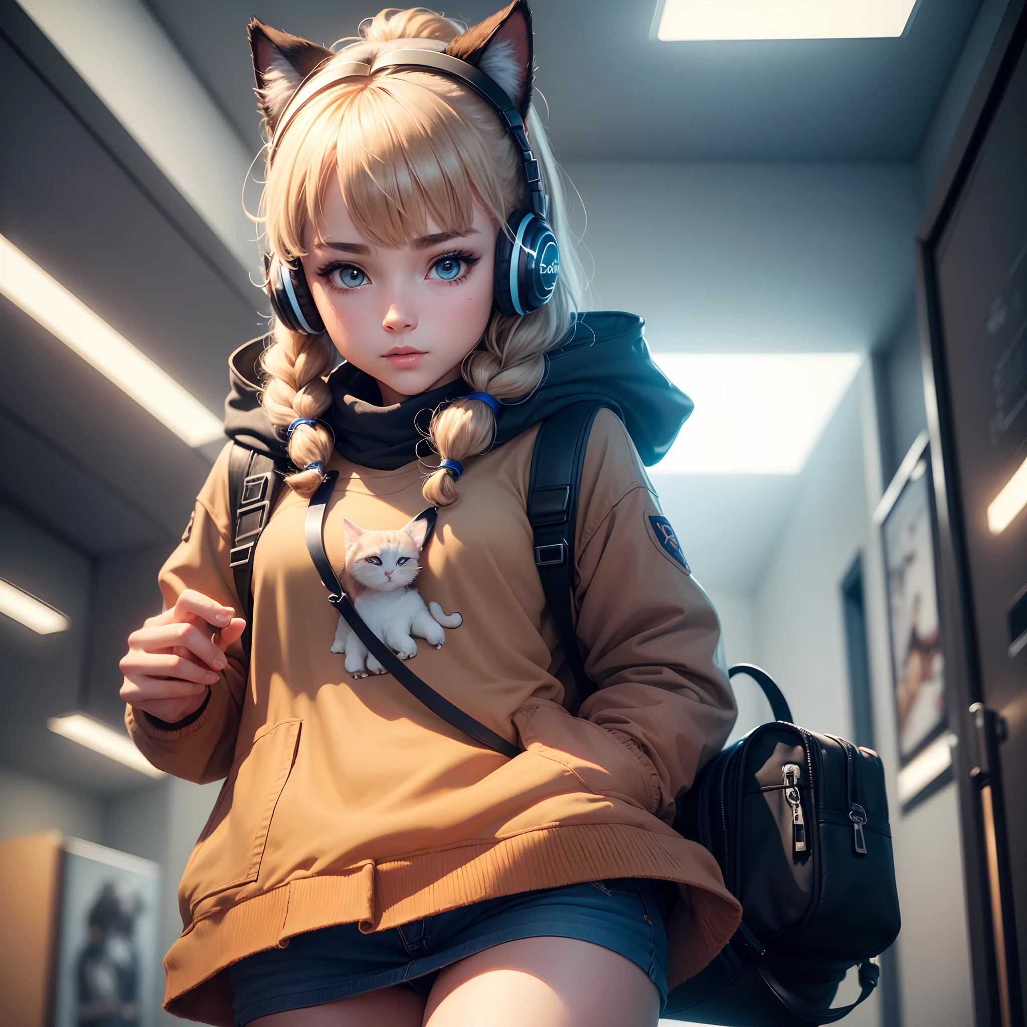 ((best quality, 8K, Masterpiece: 1.4)),((Amazing detail: 1.3)),((illustration, Hairstyle Casual: 1.2)),((high resolution: 1.1)), A cute cat standing, headset on head, Tactical coat, Fashionab, Soft light, Colorful, Depth of field, Cinematic lighting, From below, Anatomically correct, Amazing art of painting, No Man