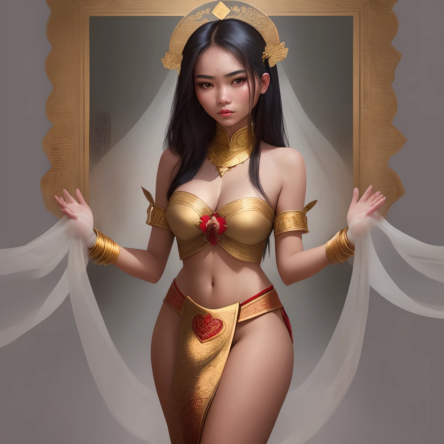 “Create a powerful portrait of a sexy young woman in her early 20s, wearing traditional Southeast Asian attire. Her gaze meets the viewer’s directly, and she holds her hand over her heart as if making a solemn pledge or vow, adding a layer of narrative depth.”