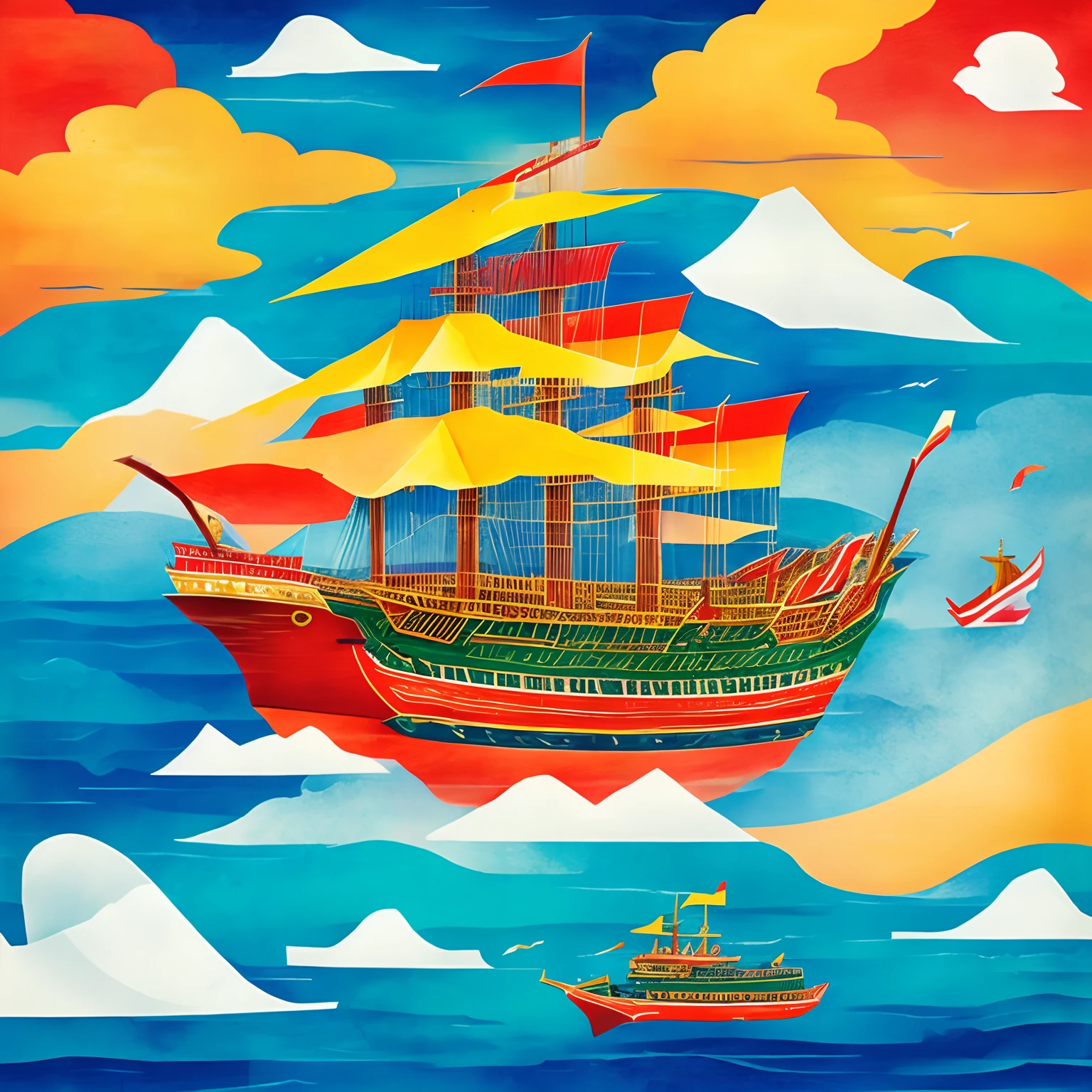 finest image, large ship made of colorful origami paper, Noah's Ark, rough sea, cloudy sky, Japanese painting style, detailed and delicate depiction