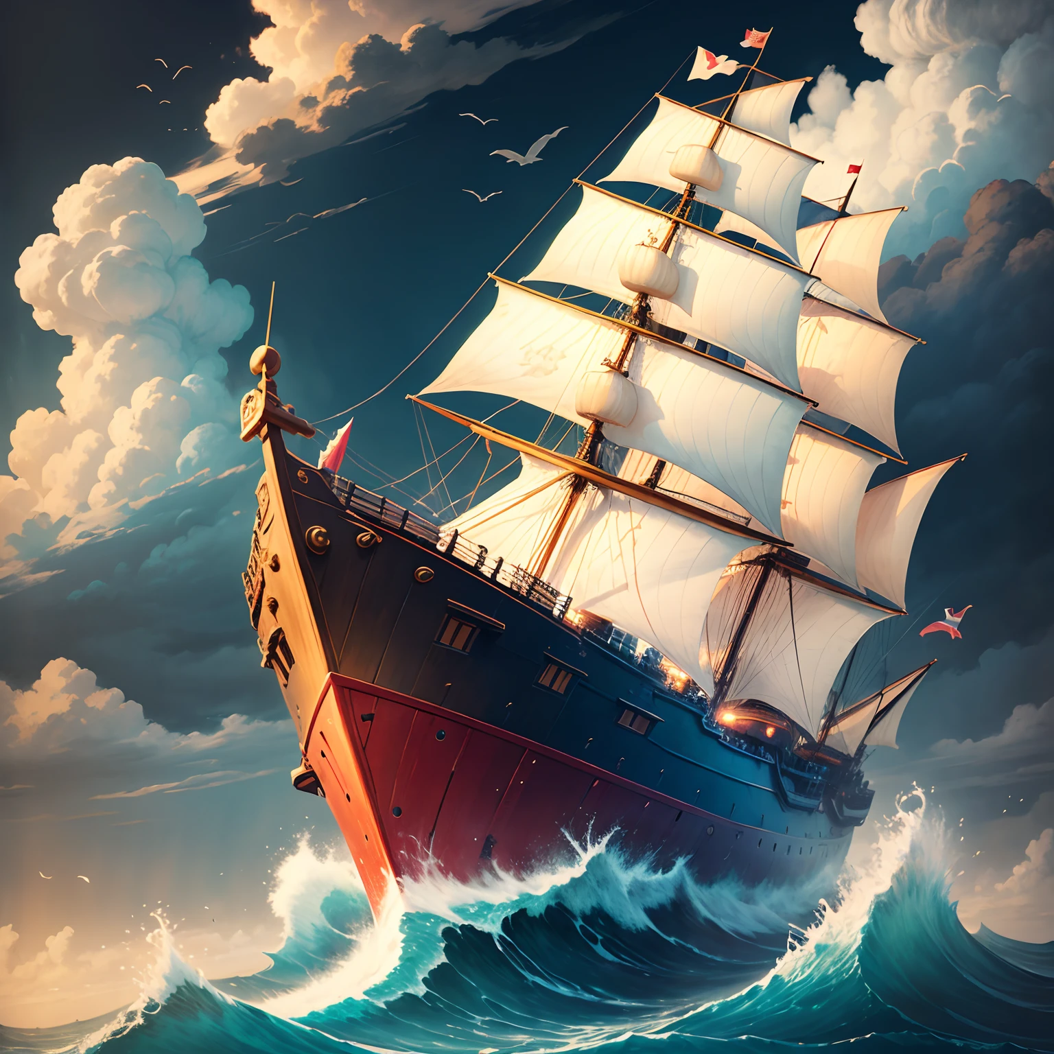 finest image, large ship made of colorful origami paper, Noah's Ark, rough sea, cloudy sky, Japanese painting style, detailed and delicate depiction