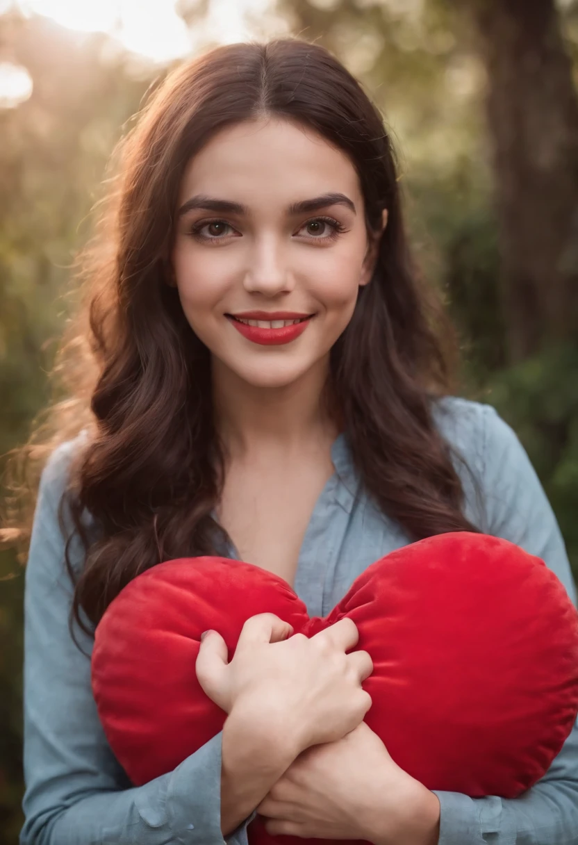 There's a little girl holding a giant pillow in the shape of a red heart, full heart - face shaped like, artista desconhecido, Rainha de Copas, Heart Eyes, Chibi, A Rainha de Copas, cabrito, um alambique de um feliz, garotinho, grandioso!, closeup - view, she is smiling and excited, Alanis Guillen, artista desconhecido, red hearts, foto retrato