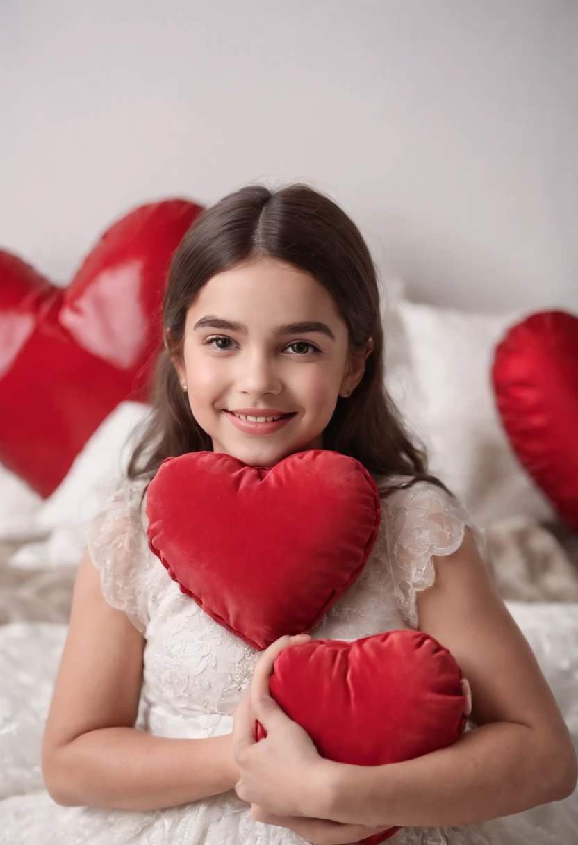 There's a  girl holding a giant pillow in the shape of a red heart, full heart - face shaped like, artista desconhecido, Rainha de Copas, Heart Eyes, Chibi, A Rainha de Copas, cabrito, um alambique de um feliz, garotinho, grandioso!, closeup - view, she is smiling and excited, Alanis Guillen, artista desconhecido, red hearts, foto retrato