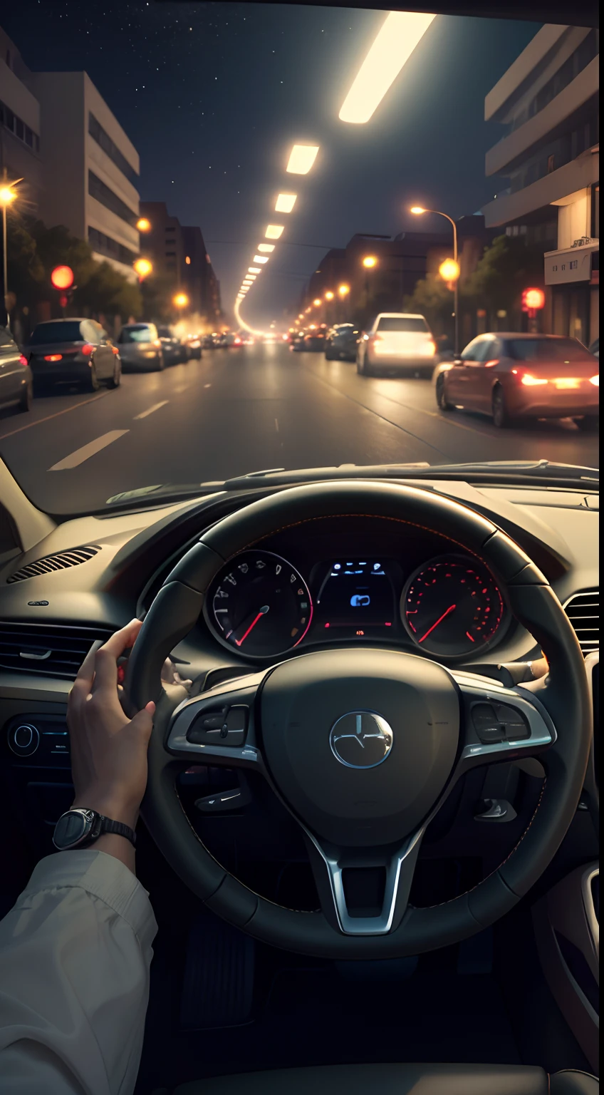 (POV:1.5), driving a car, cg render, inside a car, steering wheel,holding cigar, no_humans, window,street, speedometer glowing, (night:1.3), glow, cool colors, modern,