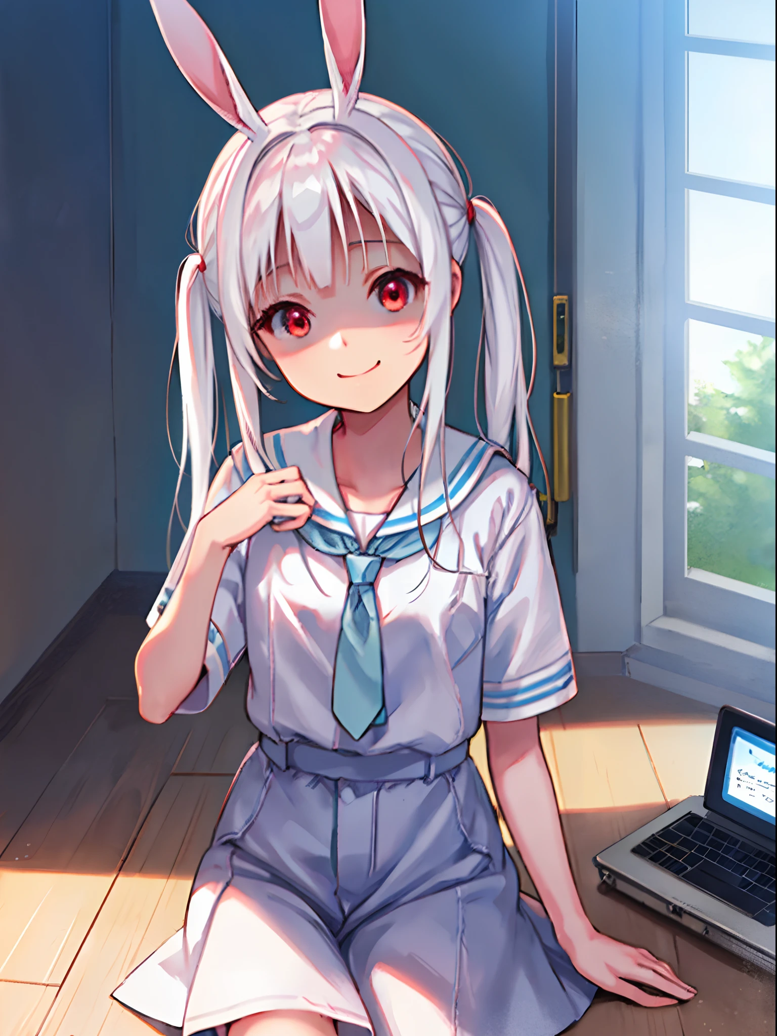 hand on own chest ,6years old, Lori, Light blue nurse's uniform , Face forward,(((masutepiece))), (((hard disk))),(((8K))),(((Unreal Engine))),(((Best Quality))), ((Ultra-detailed)),(((Dynamic Angle))), (Illustration), (Detailed light),((Extremely delicate and beautiful)),(Beautiful detailed eyes), (Sunlight),Dynamic,floating,up looking_で_Yewer, dynamic compositions,Smile, low twintails, White hair, Red Eyes, Rabbit ears,