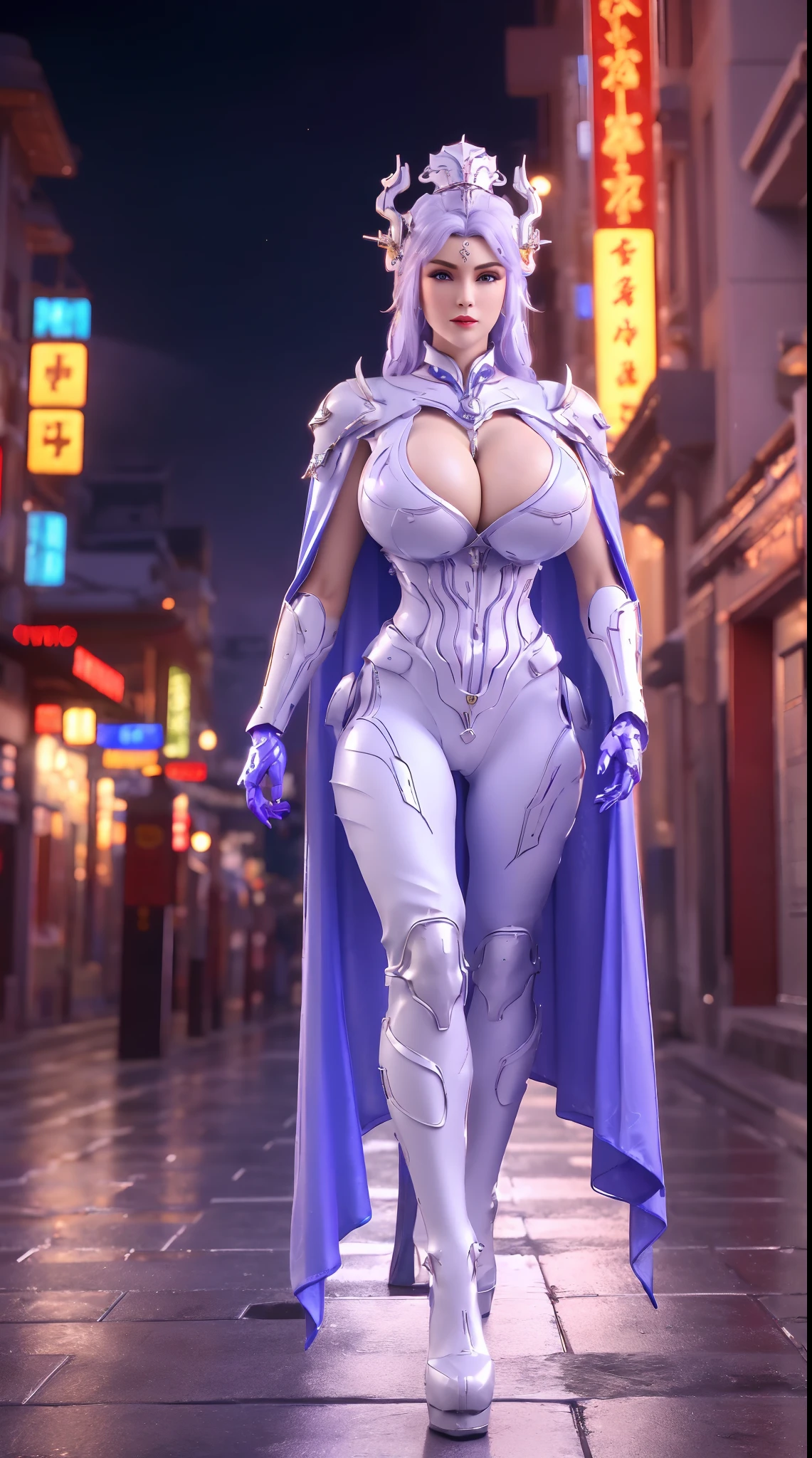 1GIRL, SOLO, (ssmile, makeup, beautifull eyes, red libs, white ponytail hair, gold ornament hair), (GIGANTIC FAKE BOOBS:1.3), (GUARD ARM, Black Glove), (white, purple, blue, FUTURISTIC DRAGON MECHA ARMOR SUIT, ROYAL CAPE, CLEAVAGE, SKINTIGHT YOGA PANTS, HIGH HEELS:1.5), (MUSCULAR BODY, SEXY LONG LEGS, FULL BODY:1.3), (LOOKING AT VIEWER:1), (WALKING DOWN ON STREET NIGHT CITY:1.3), PHYSICALLY-BASED RENDERING, ULTRA HIGHT DEFINITION, 8K, 1080P.