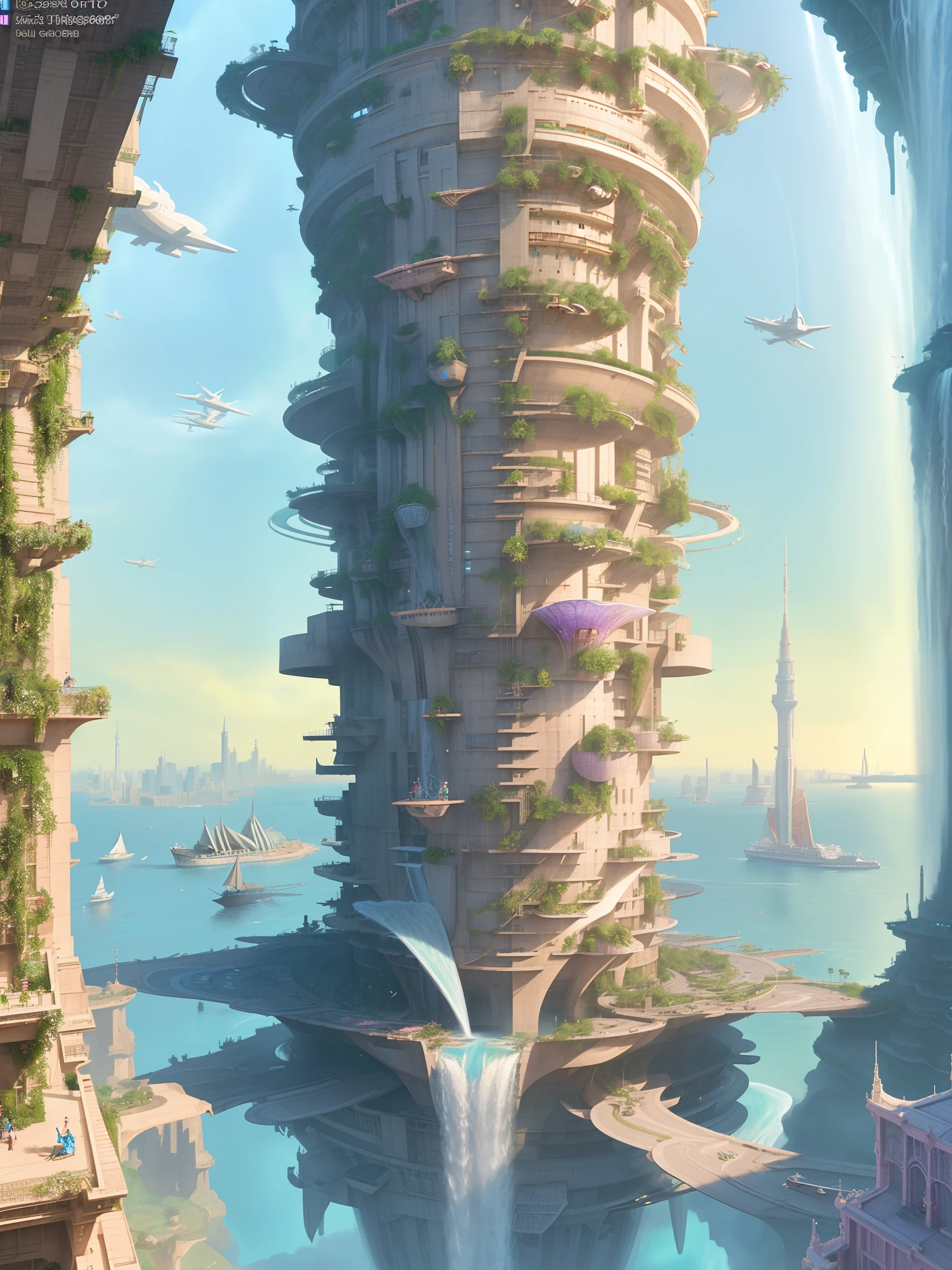 aerial view, stacked architecture city on giant towers and rings with many arches and bridges and flowering terraces, (colorful vegetation:1.3), sci-fi futuristic architecture, waterfalls, many boats and ships, a matte painting by james gurney, trending on cgsociety, oversaturated, ultra sharp, hyper realistic