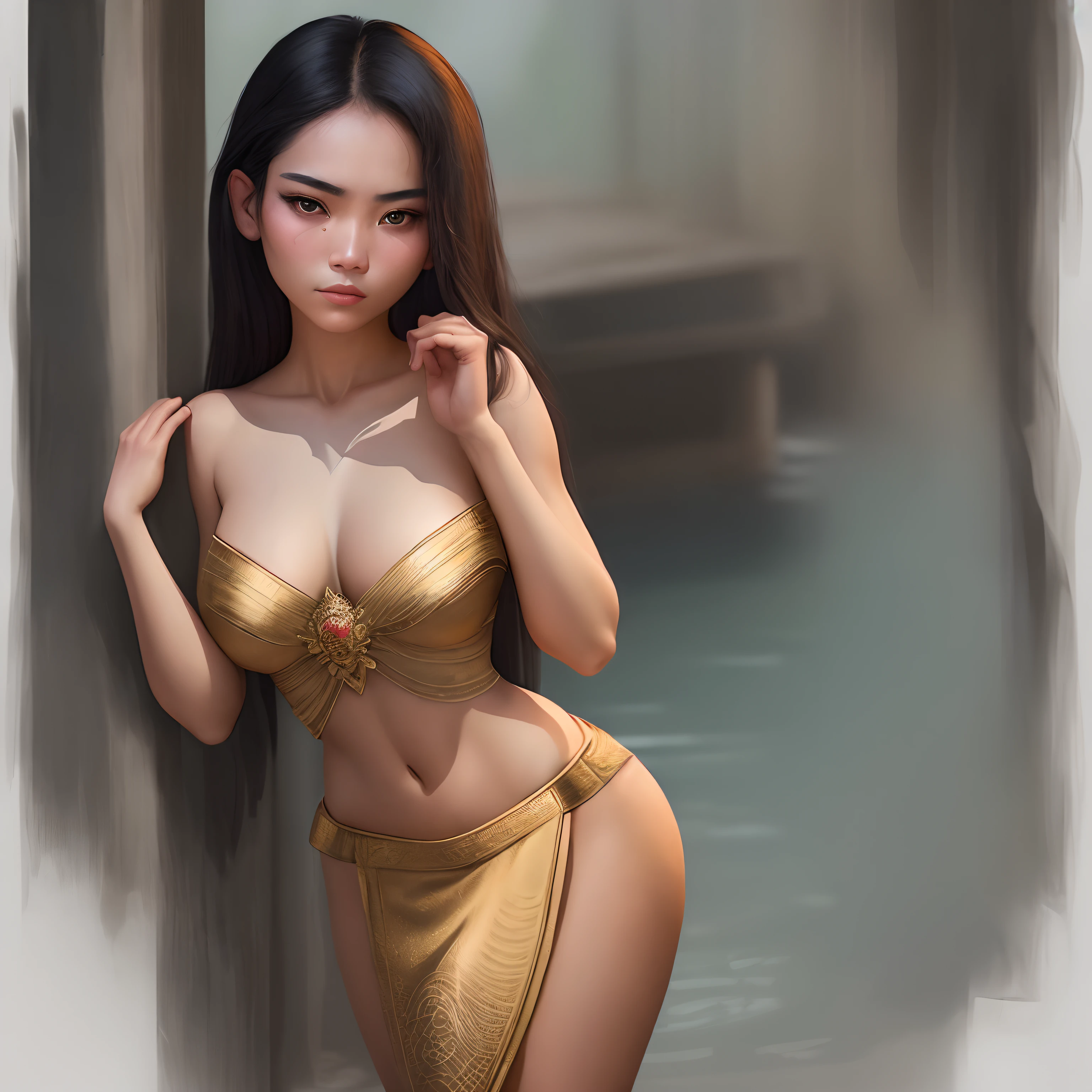 “Create a powerful portrait of a sexy young woman in her early 20s, wearing traditional Southeast Asian attire. Her gaze meets the viewer’s directly, and she holds her hand over her heart as if making a solemn pledge or vow, adding a layer of narrative depth.”