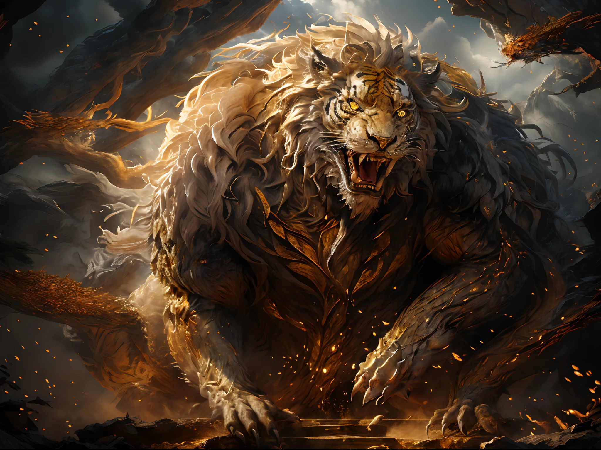Big Yellow Cave Well,Masterpiece,超高分辨率,Exquisite details,Open your mouth,Sharp teeth,One has eight heads、Eight legs、Eight tails、The face of the person、A giant monster with a tiger body。