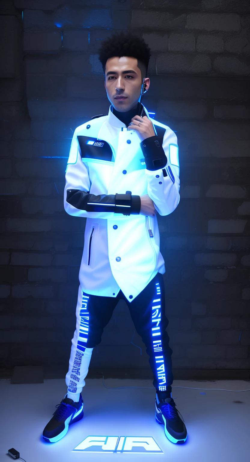 arafed man in a white jacket and black pants holding a laptop, wearing space techwear, stylish coat for a rave, cyber future jacket, wearing urban techwear, wearing off - white style, wearing cyberpunk streetwear, wearing cyberpunk 2 0 7 7 jacket, wearing futuristic white suit, wearing futuristic clothing, cyberpunk streetwear, futuristic techwear, techwear fashion