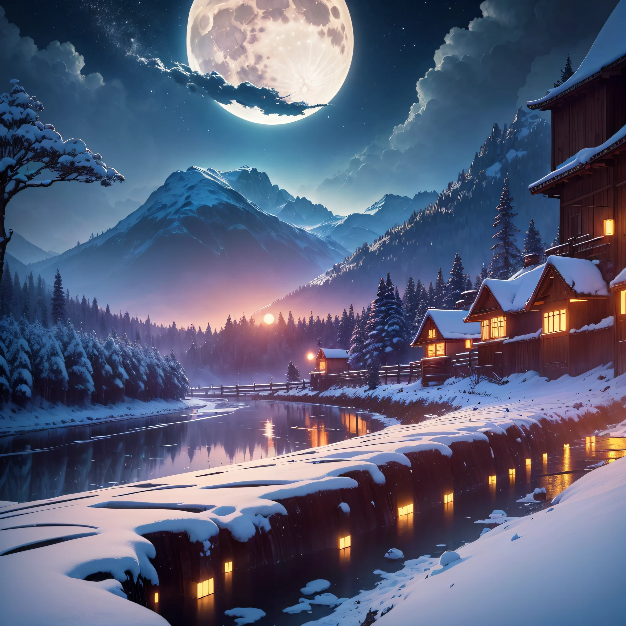 Generate a captivating digital artwork featuring Felicia from Darkstalkers as the central character, set in a tranquil nighttime scene. Place Felicia in the foreground, illuminated by the moon's soft glow. In the middle ground, depict an intricate agrarian landscape, including rustic farmhouses, fields, and winding paths. In the far distance, illustrate snow-covered mountains that stand under the moonlight. Ensure that the moon's reflection shimmers on the distant rice paddies, creating a harmonious and dreamy composition.